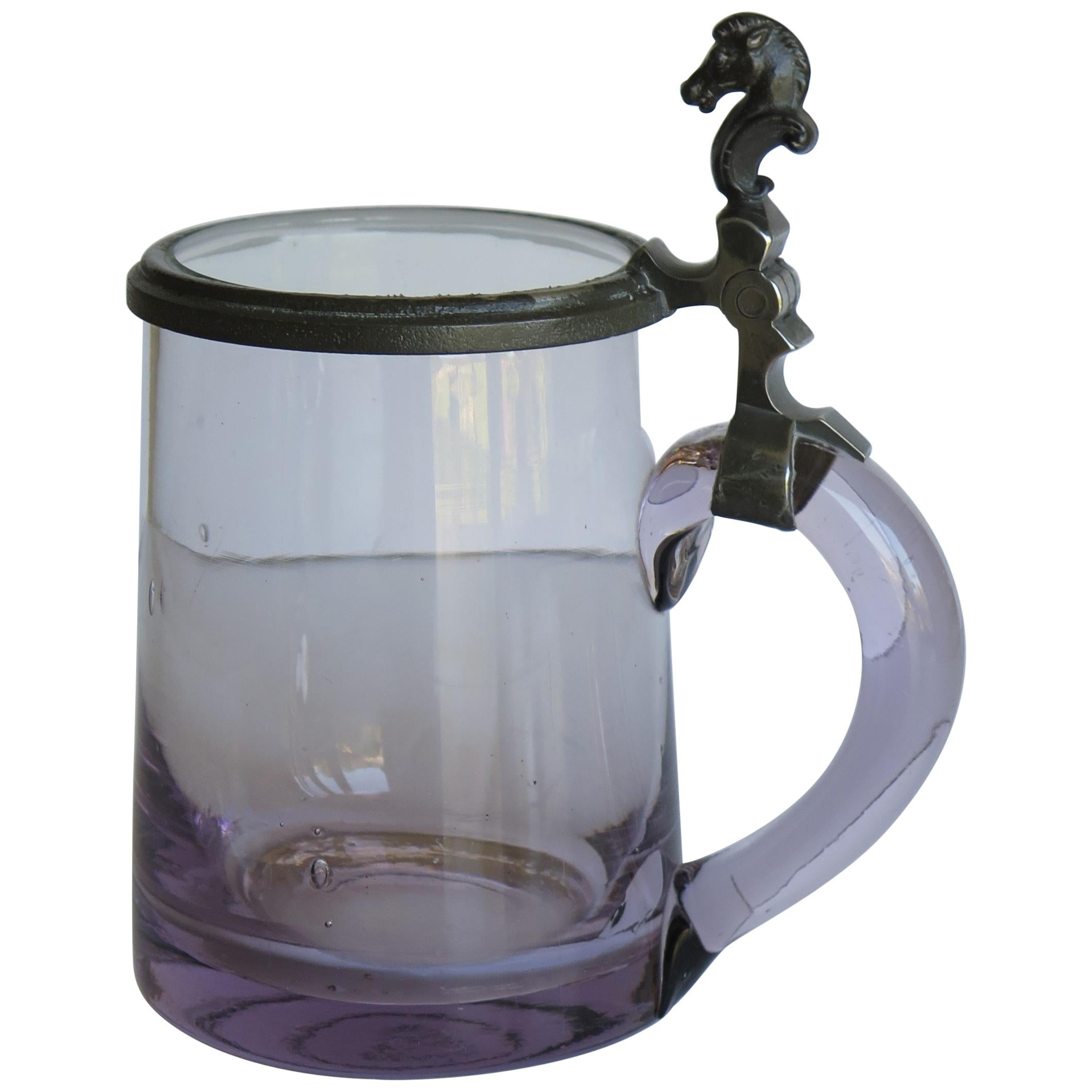 19th Century Mauve Glass Tankard Hand Blown with Pewter Horse Head Hinged Lid 