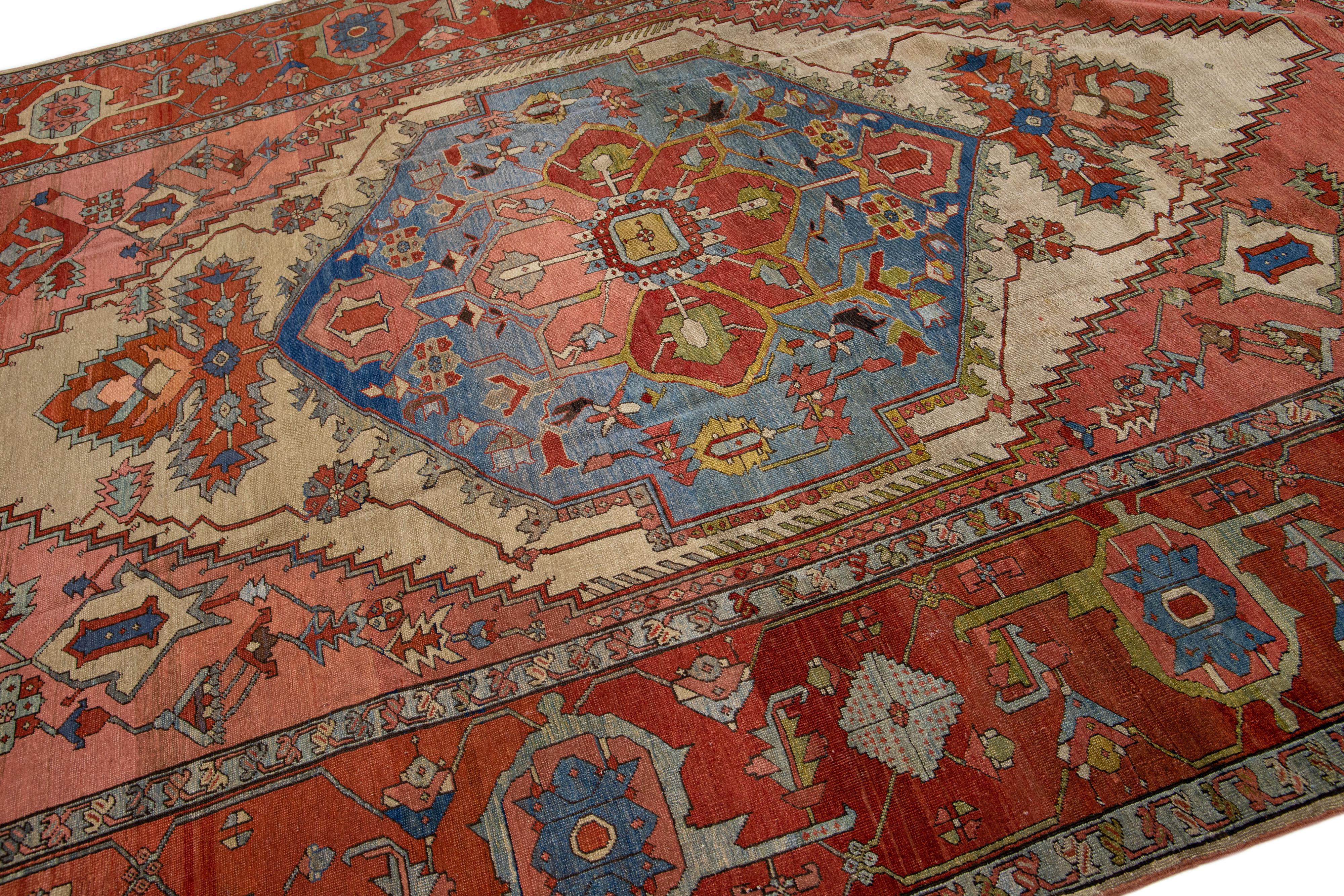 Islamic 19th Century Medallion Handmade Serapi Style Antique Wool Rug in Rust For Sale