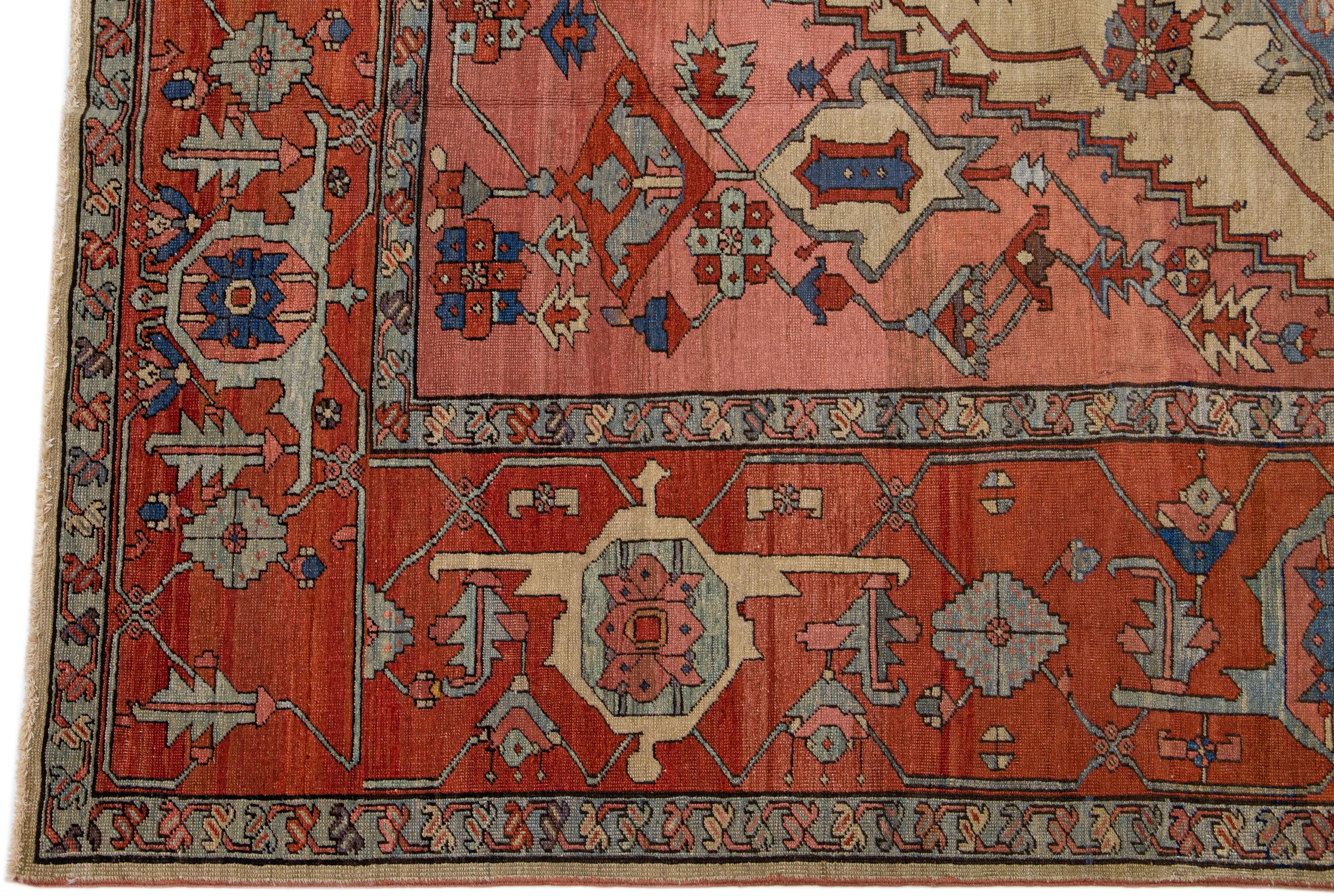 Hand-Knotted 19th Century Medallion Handmade Serapi Style Antique Wool Rug in Rust For Sale