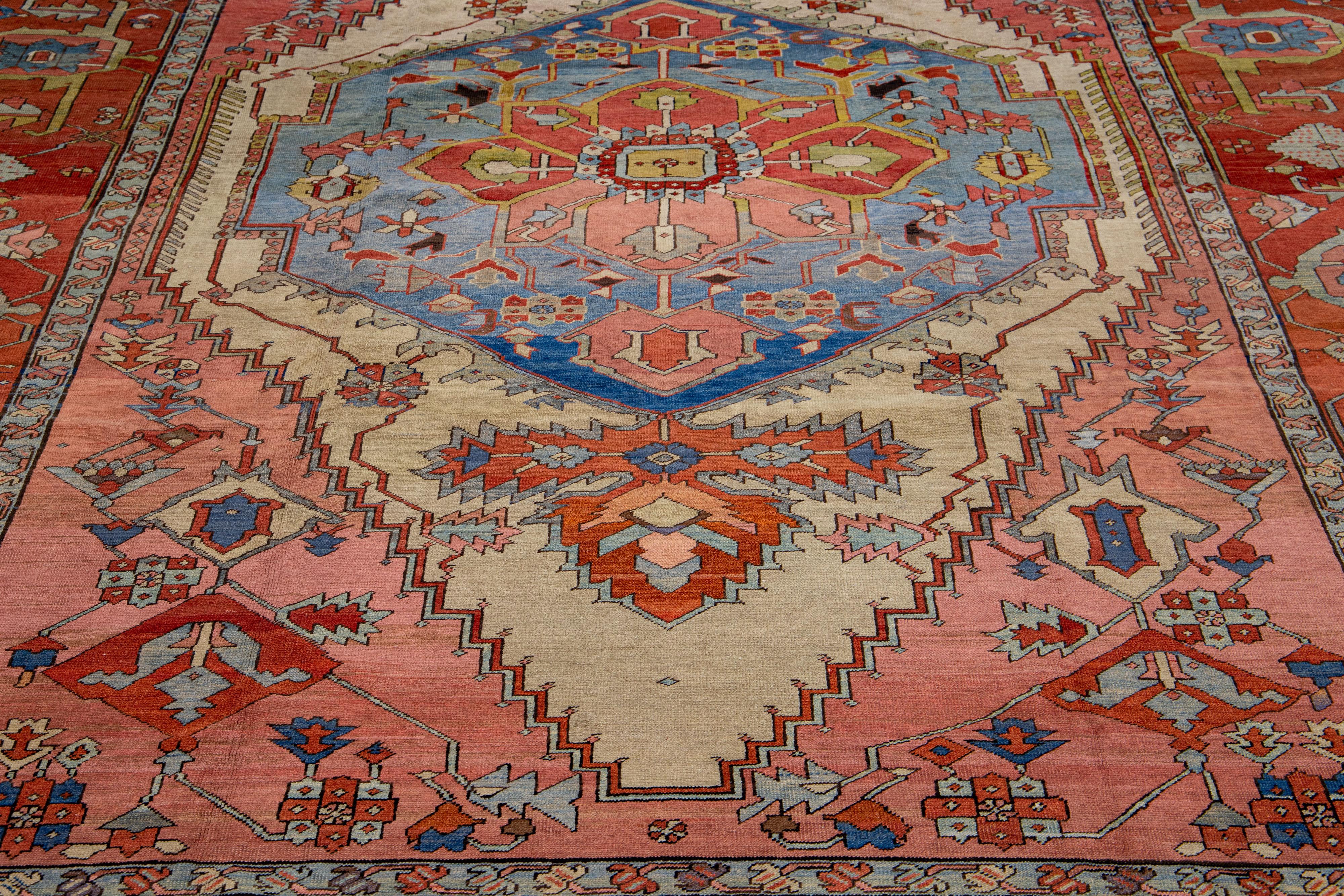 19th Century Medallion Handmade Serapi Style Antique Wool Rug in Rust In New Condition For Sale In Norwalk, CT