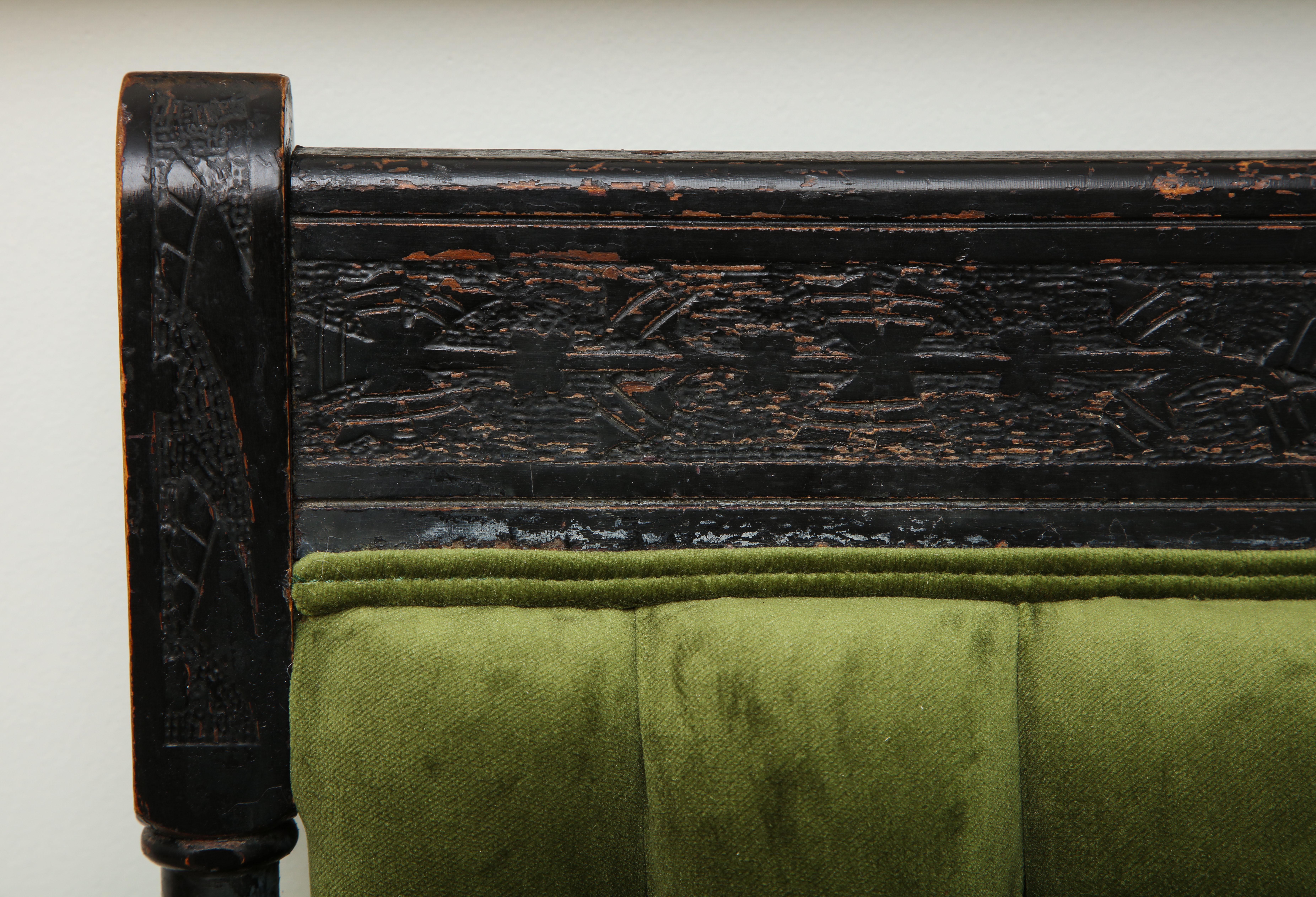 Hardwood 19th Century Medieval Green Velvet Chair For Sale