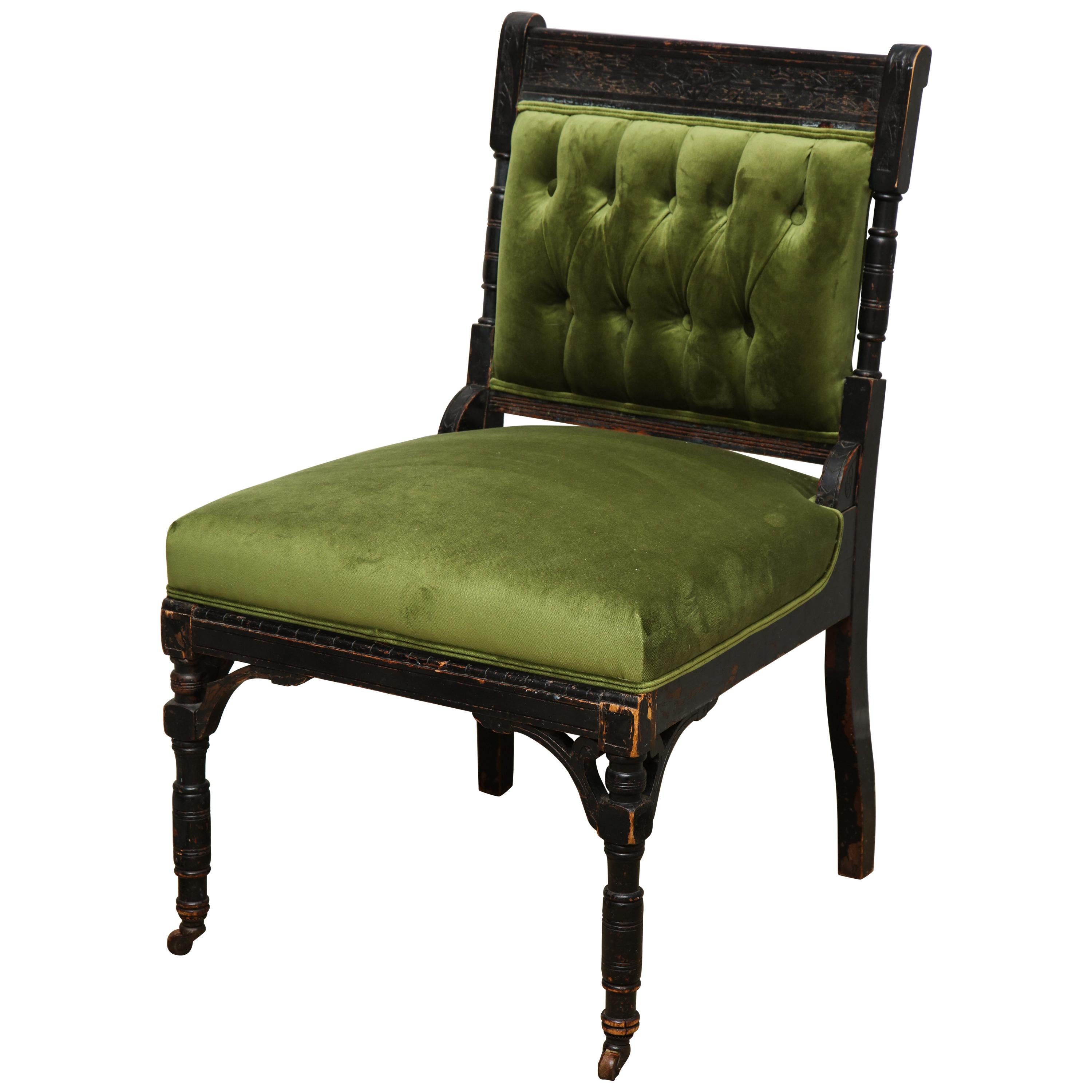 19th Century Medieval Green Velvet Chair For Sale