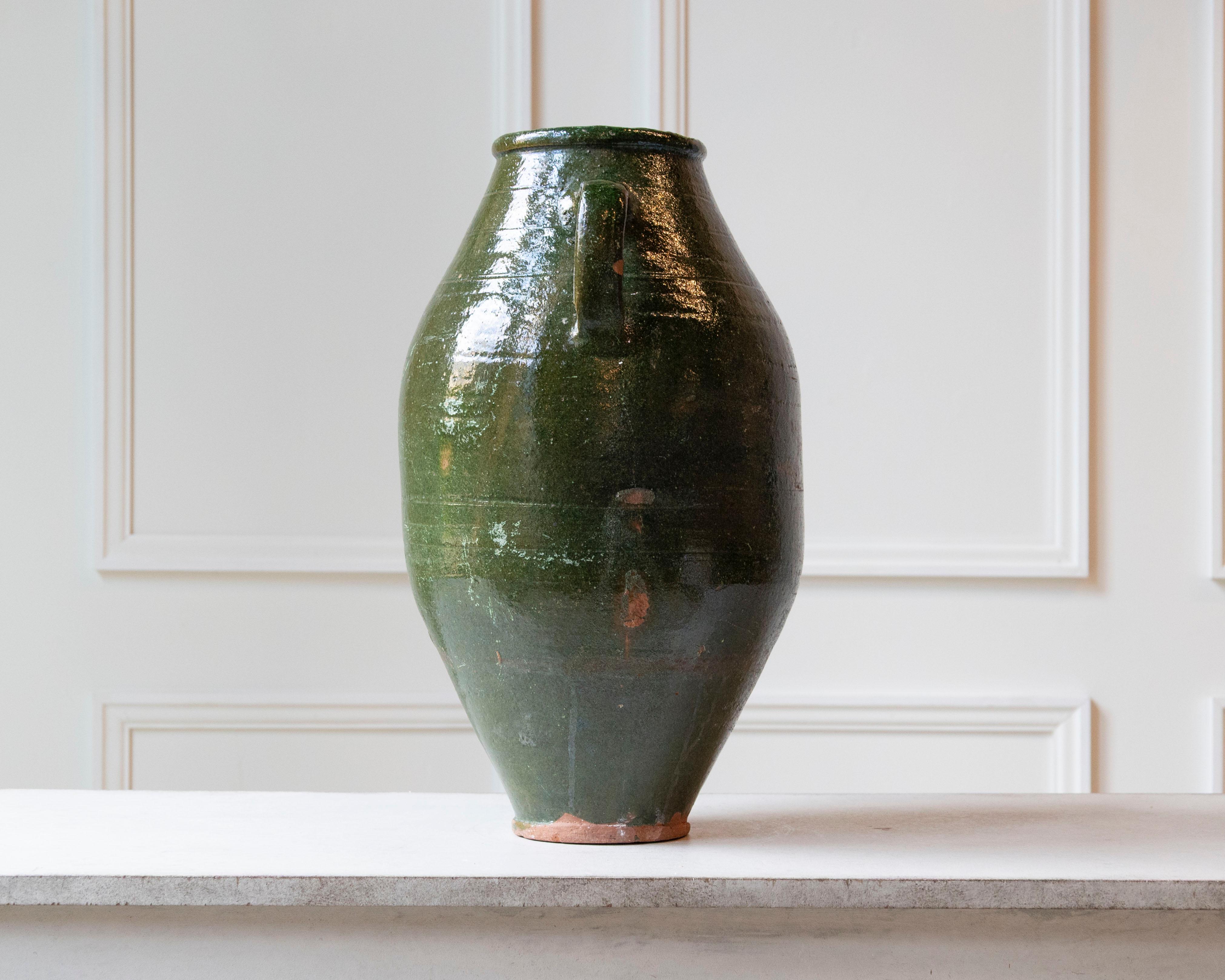 Balkan 19th Century Mediterranean Olive Green Terracotta Jar with Double Handles For Sale