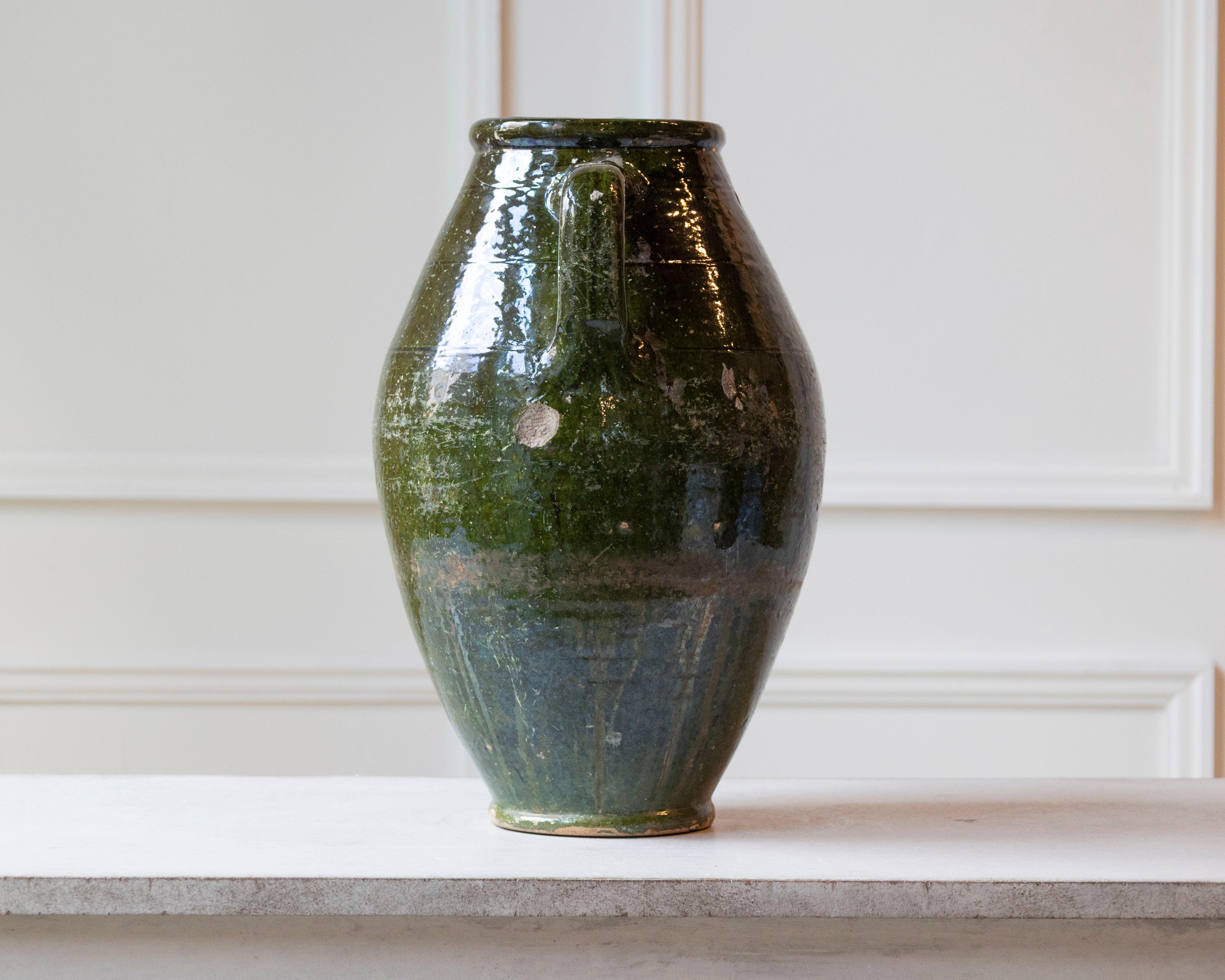 Balkan 19th Century Mediterranean Olive Green Terracotta Jar with Double Handles For Sale