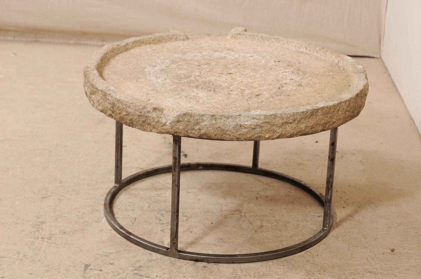 19th Century Mediterranean Stone Olive Oil Trough Table on Custom Base In Good Condition In Atlanta, GA
