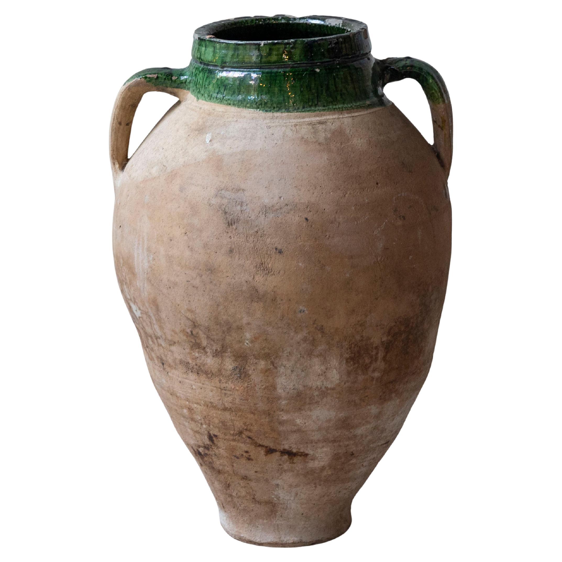 19th Century Mediterranean Terracotta Jar with Green Glazed Rim and Handles