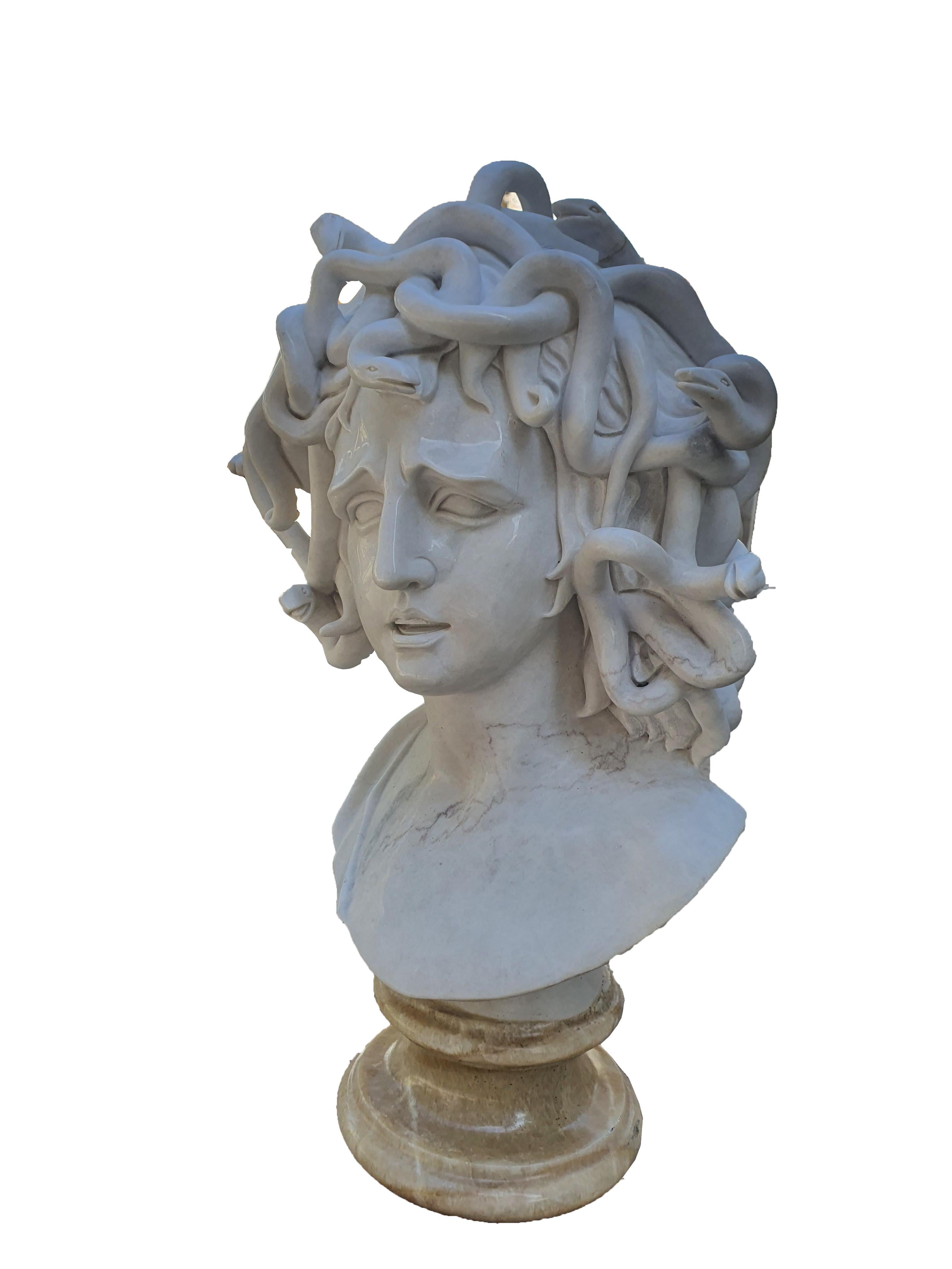 Neoclassical 19th Century Medusa Marble Bust with Onyx Base For Sale