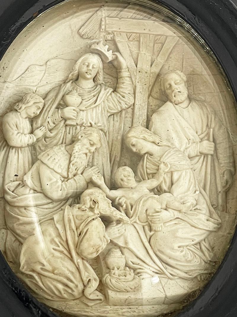 19th Century Meerschaum with scene, Birth of Christ in frame

A meerschaum depicting the birth of Christ in a black oval frame behind convex glass, dating from the early 19th Century. Meerschaum is known, which is used to make pipes and is found