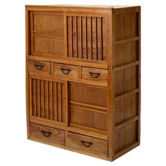 19th Century Meiji Era Mizuya Tansu Kitchen Cupboard Slatted Sliding Doors