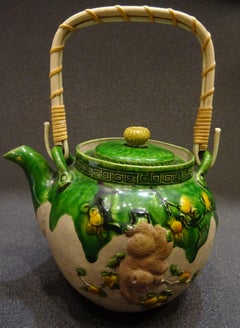19th Century Meiji Japanese Green Ceramic with Monkeys Teapot with Mark of Banko