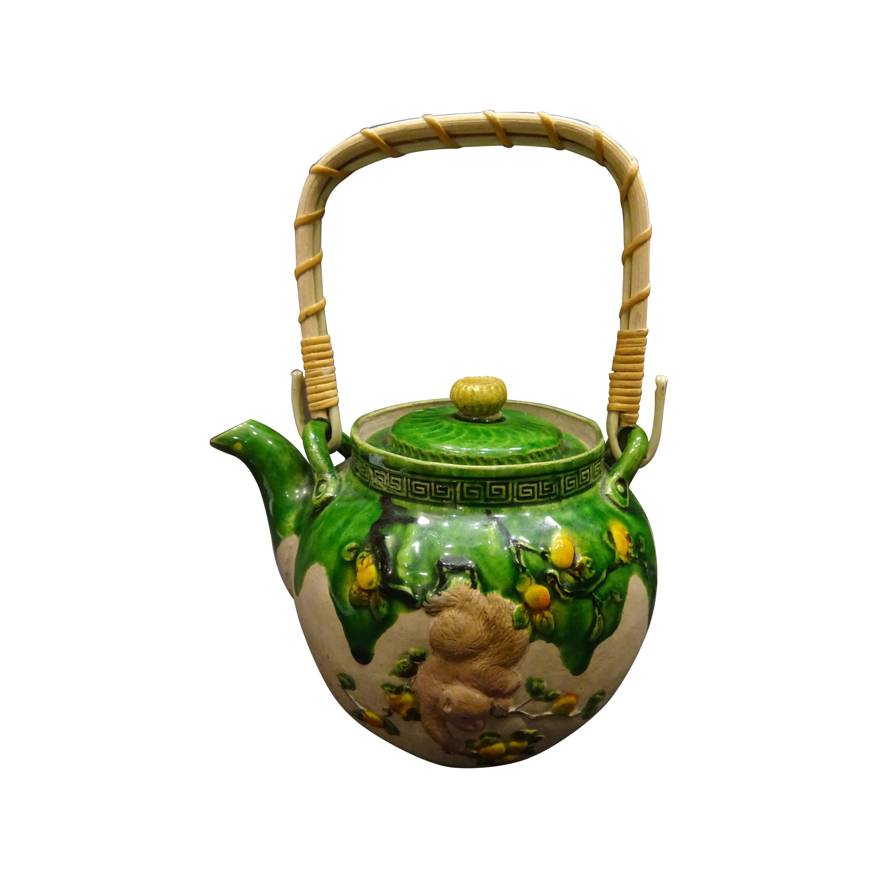 19th Century Meiji Japanese Green Ceramic with Monkeys Teapot with Mark of Banko