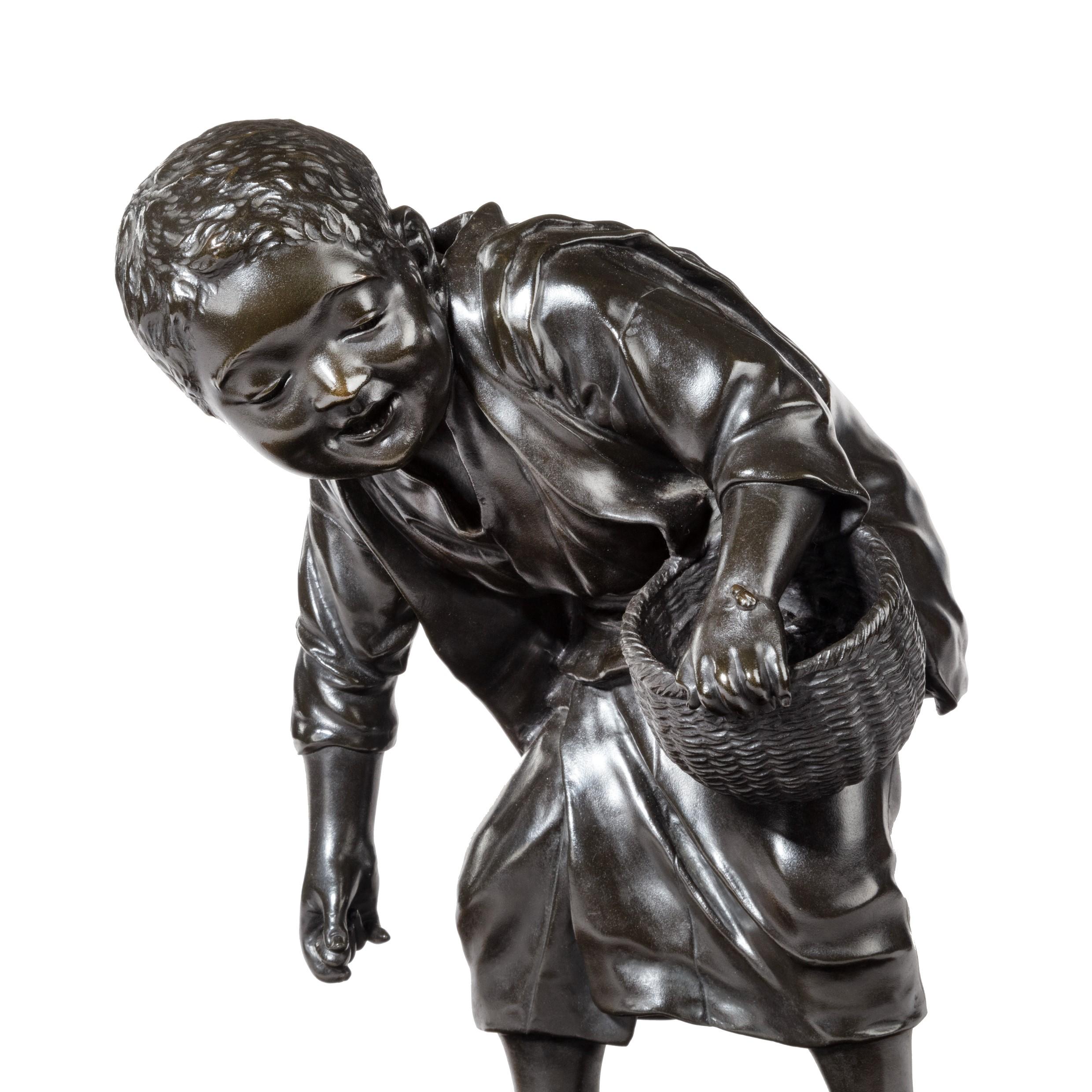 19th Century Meiji Period Bronze of a Boy Collecting Sweet Chestnuts by Seiya In Good Condition For Sale In Lymington, Hampshire