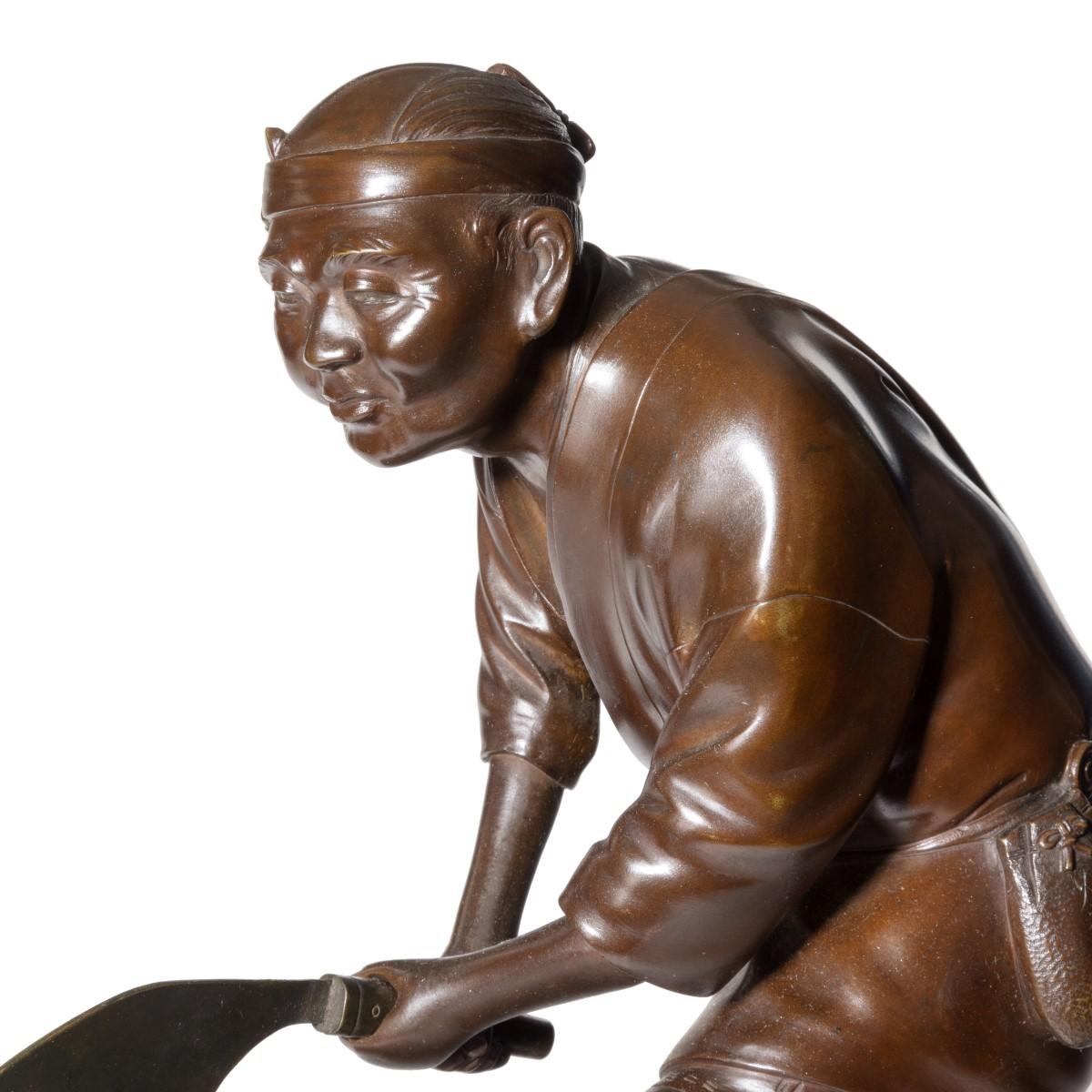 Japanese 19th Century Meiji Period Bronze of a Woodcutter Sawing a Large Tree Trunk