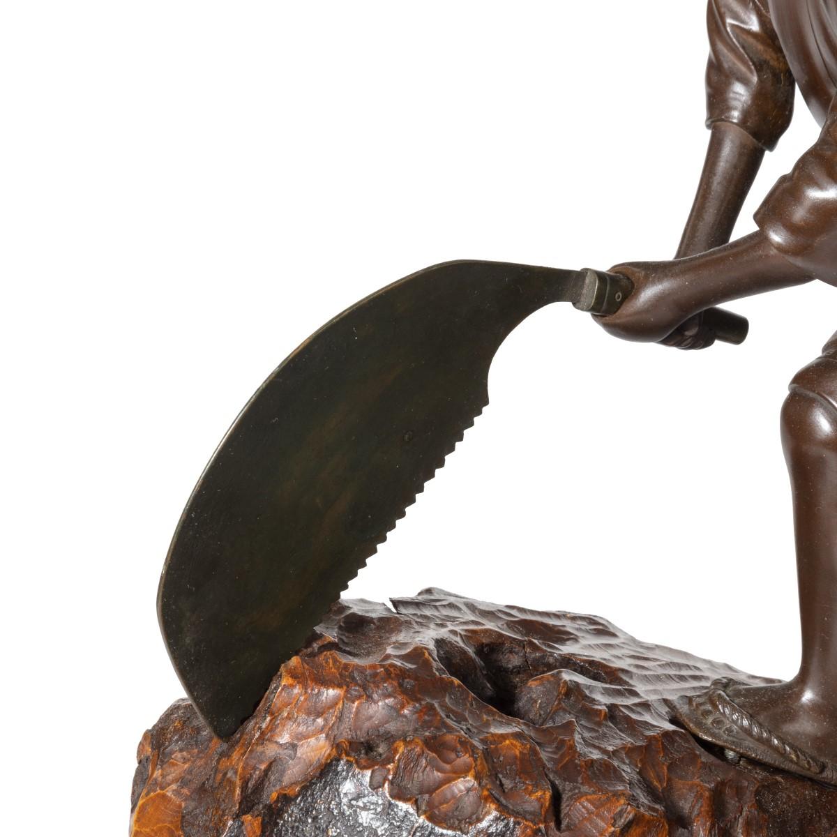 19th Century Meiji Period Bronze of a Woodcutter Sawing a Large Tree Trunk In Good Condition In Lymington, Hampshire