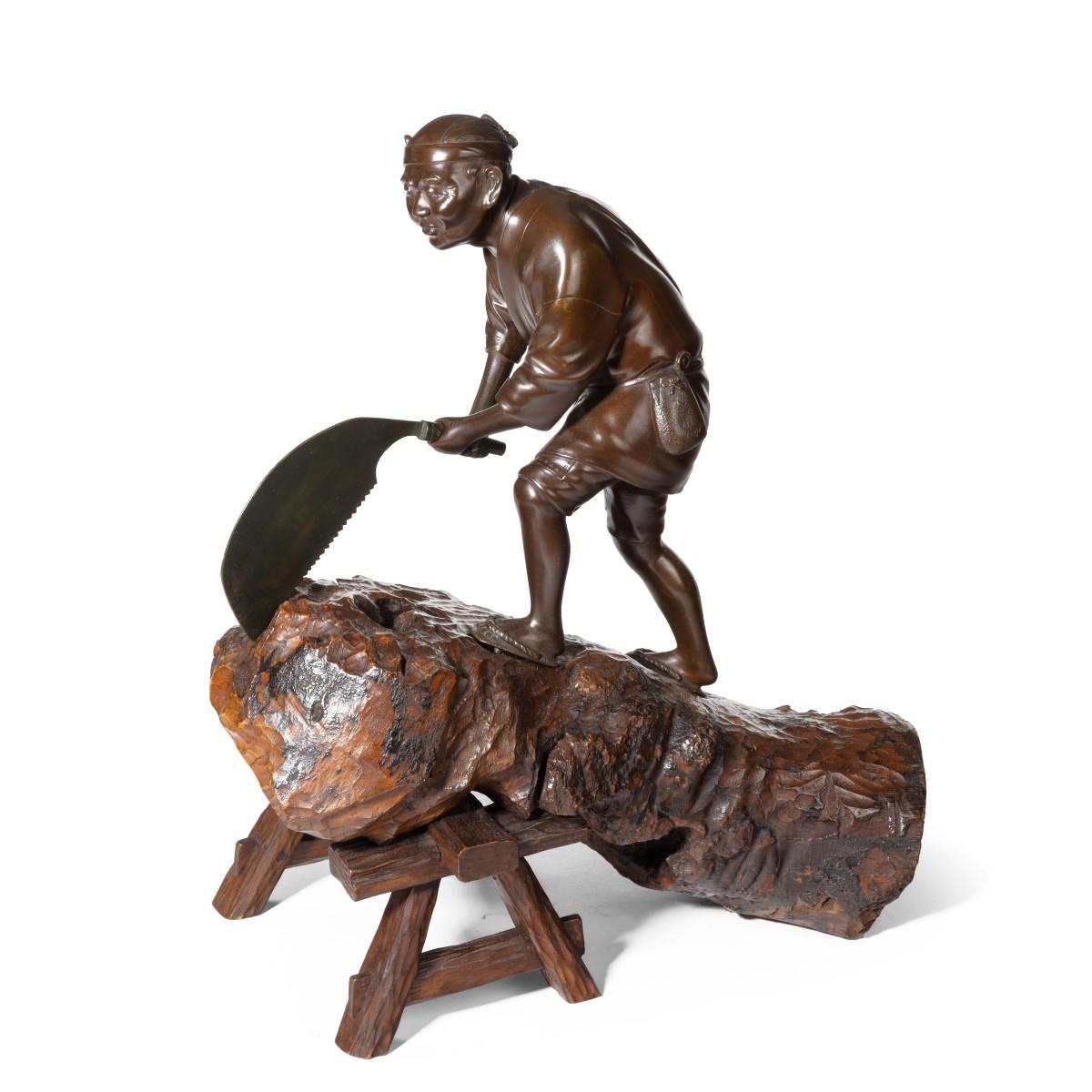 Late 19th Century 19th Century Meiji Period Bronze of a Woodcutter Sawing a Large Tree Trunk