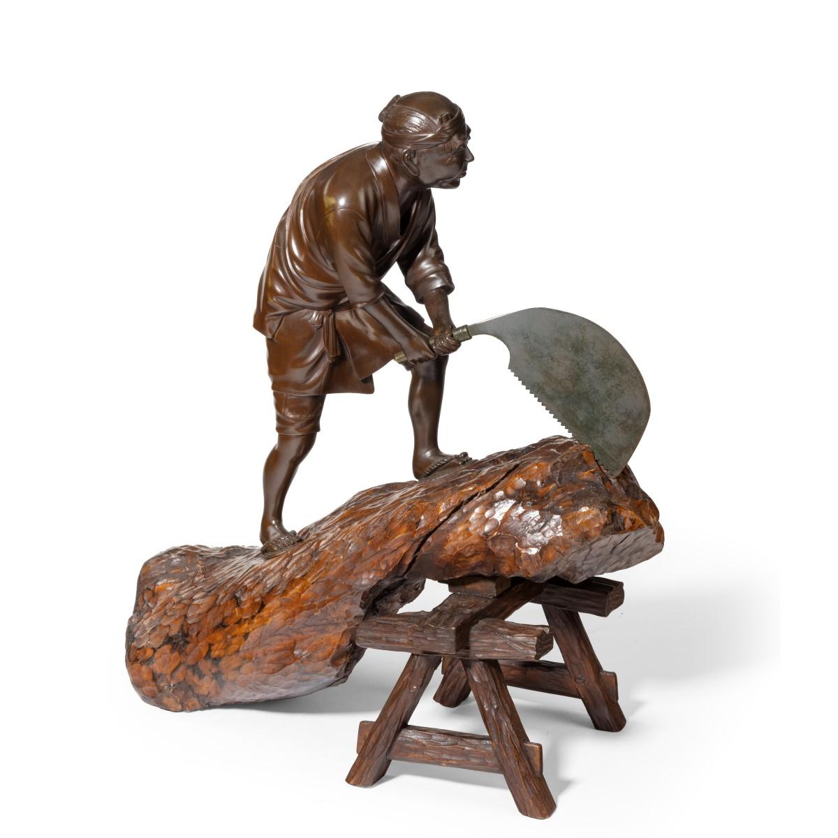 19th Century Meiji Period Bronze of a Woodcutter Sawing a Large Tree Trunk 4