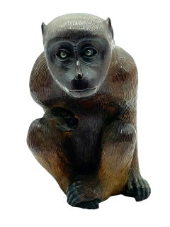 19th Century 'Meiji Period' Japanese Carved Wood Seated Monkey Sculpture