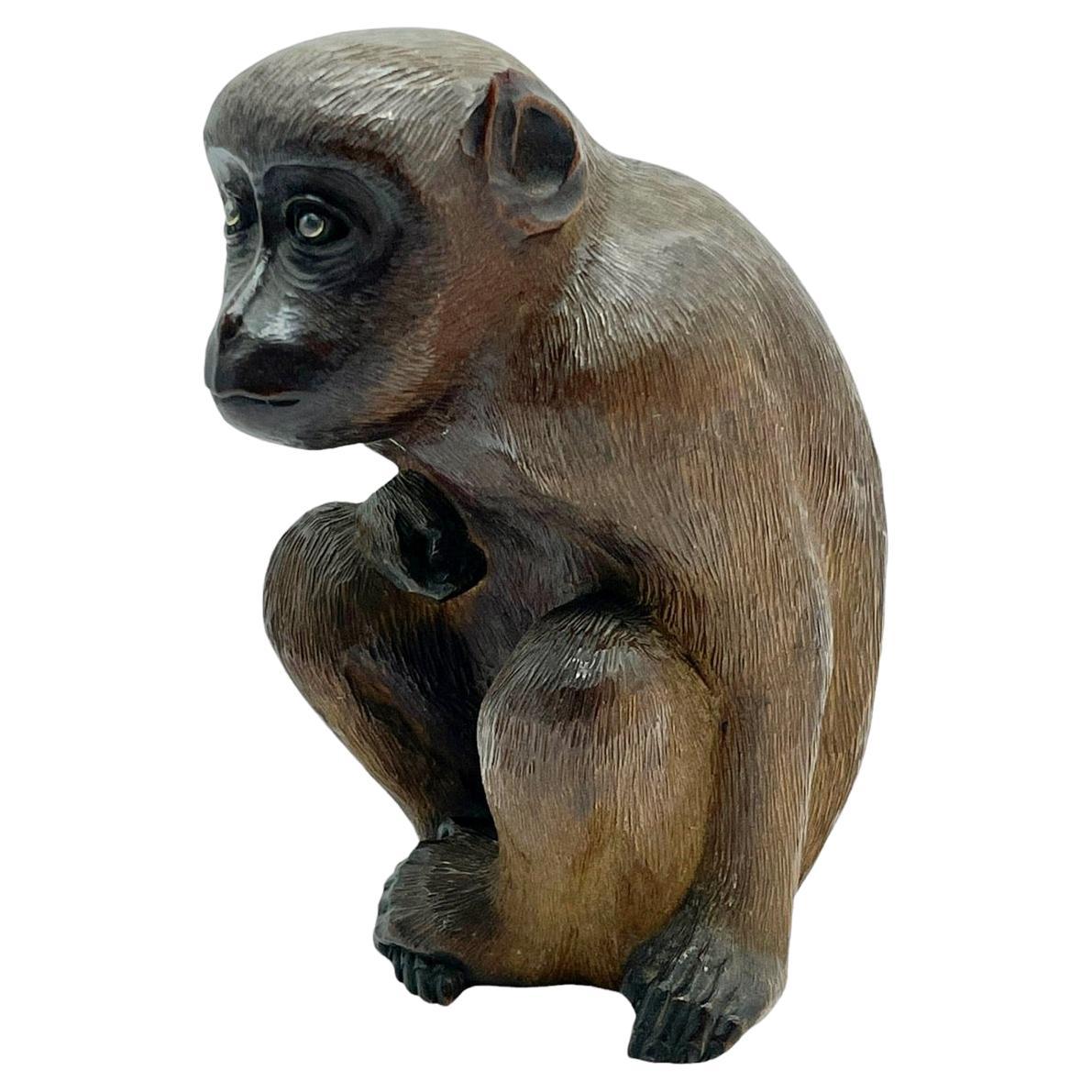 19th Century 'Meiji Period' Japanese Carved Wood Seated Monkey Sculpture