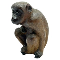 19th Century 'Meiji Period' Japanese Carved Wood Seated Monkey Sculpture