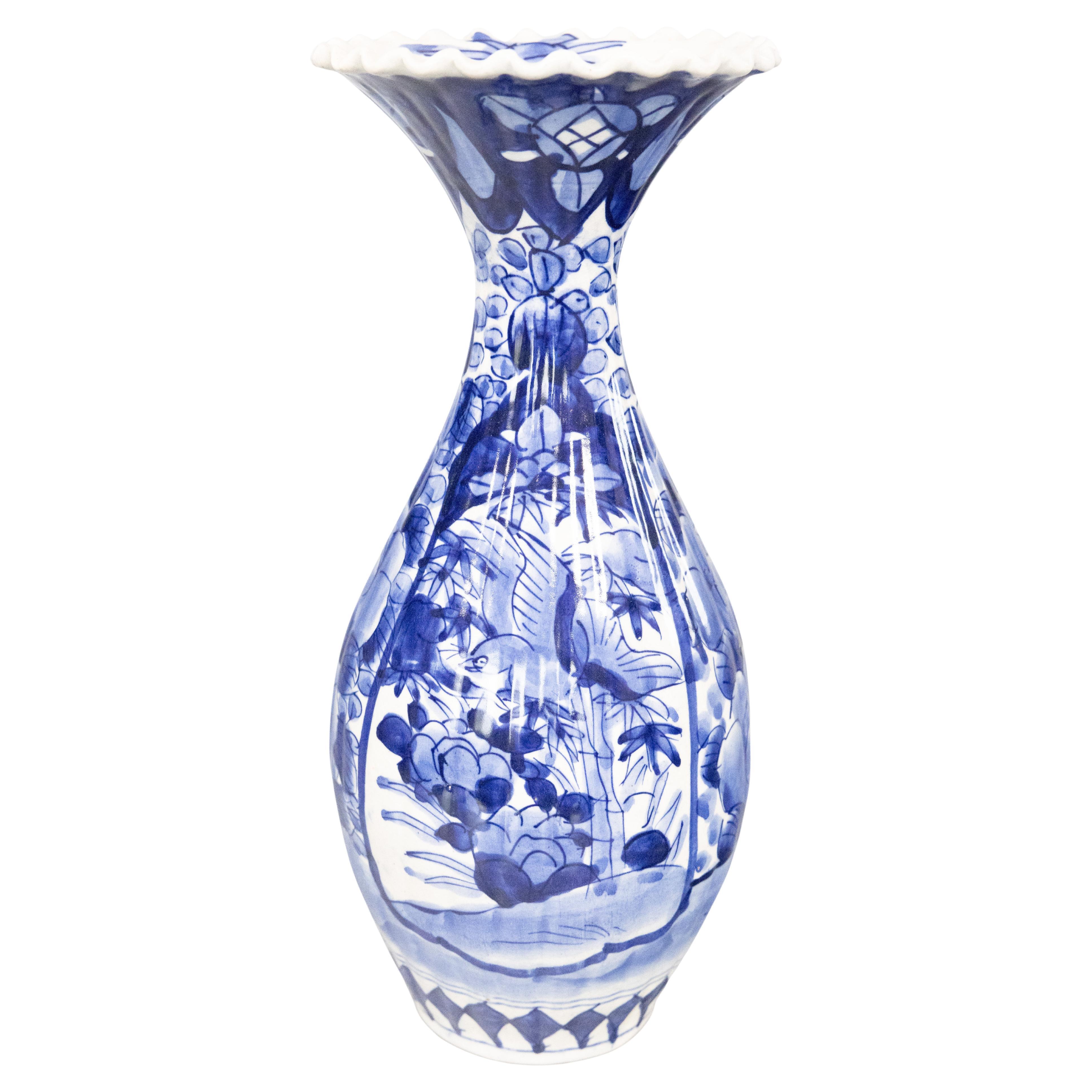 19th Century Meiji Period Japanese Imari Ribbed Blue & White Porcelain Vase