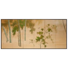 19th Century, Meiji Period, Japanese Six Panel Screen Bamboo on Silk