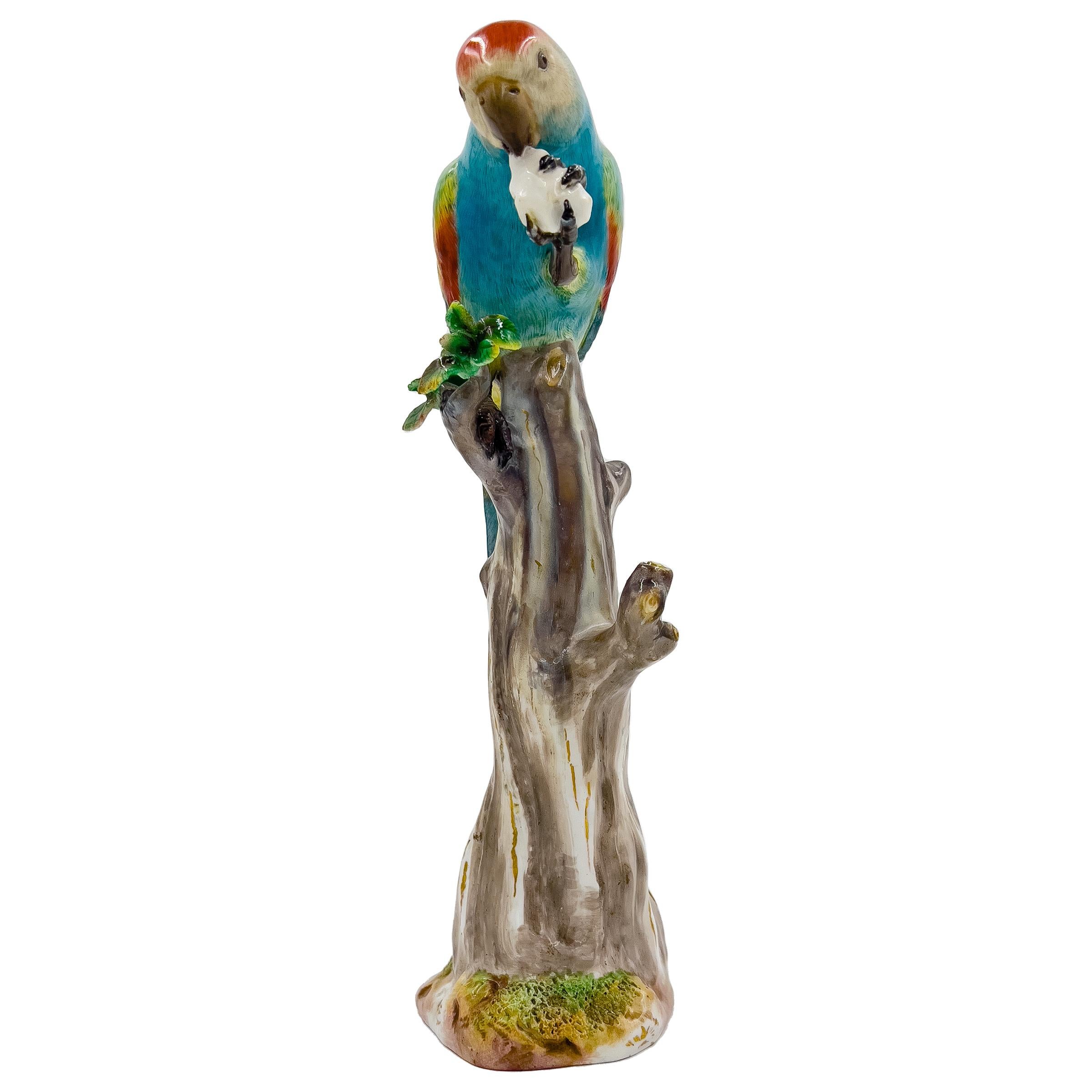 19th Century Meissen Animal Figurine of a Colourful Parrot Feasting on Tree In Good Condition In London, GB