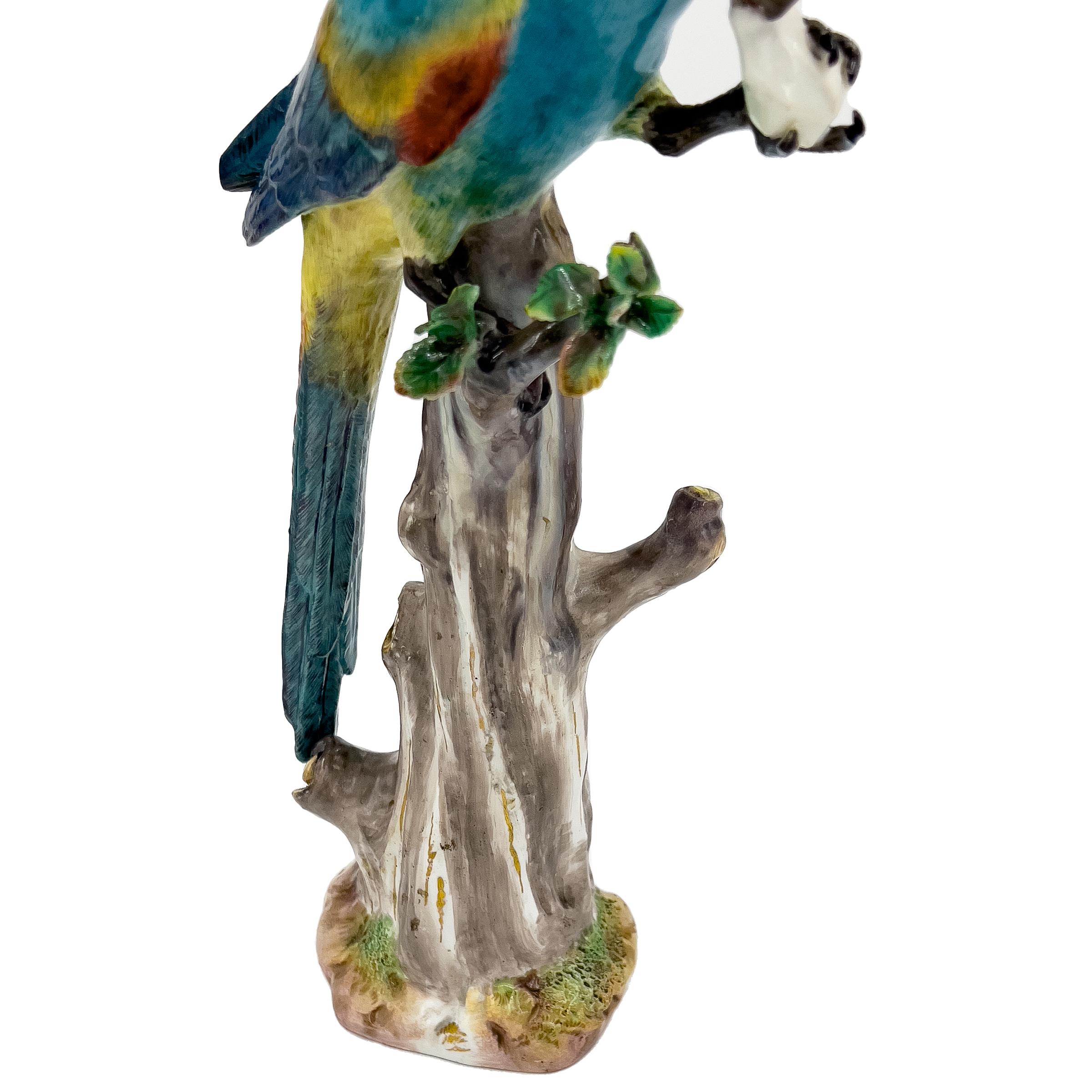 Porcelain 19th Century Meissen Animal Figurine of a Colourful Parrot Feasting on Tree