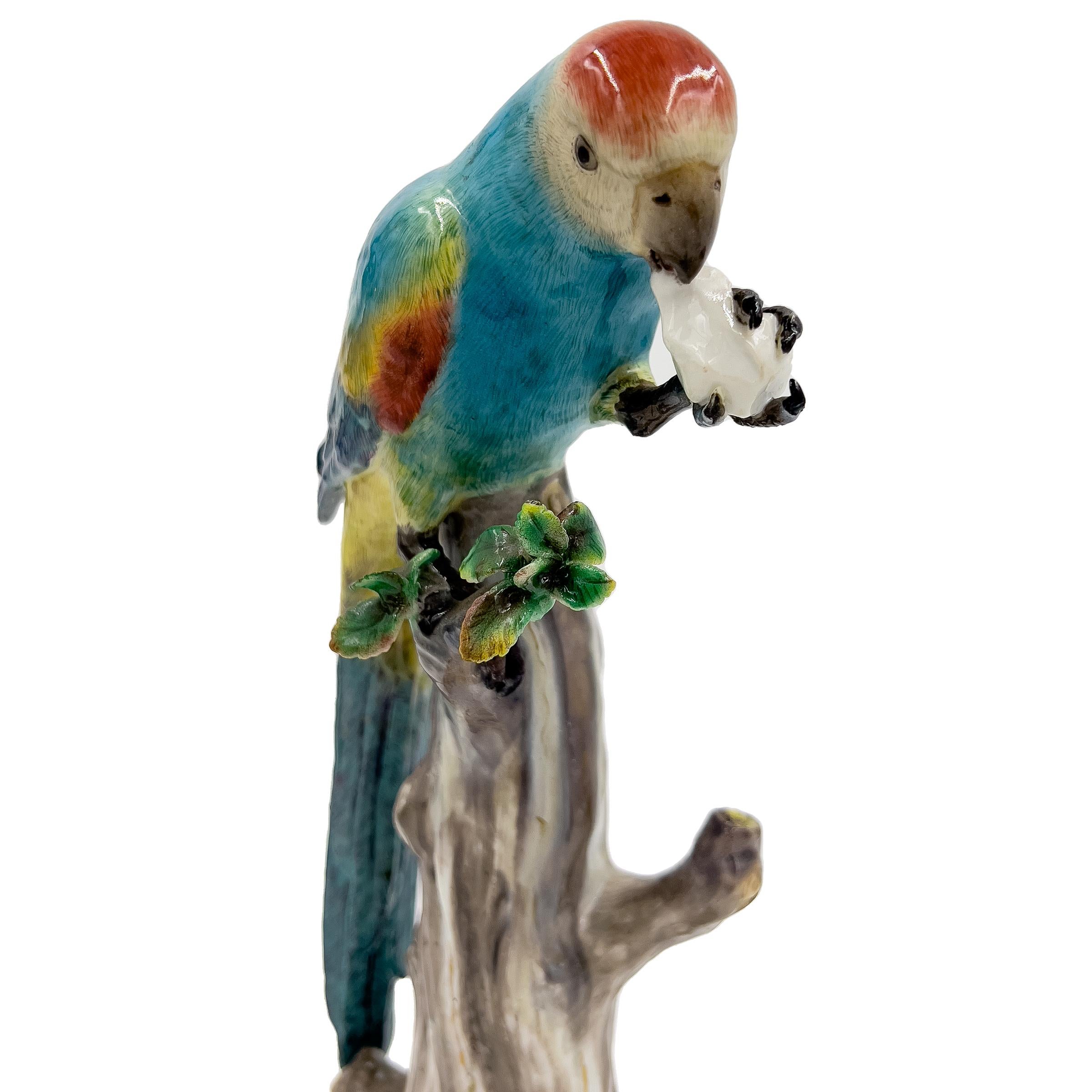 Porcelaine Figurine d'animal de Meissen du 19ème siècle représentant un perroquet coloré piqué sur un arbre