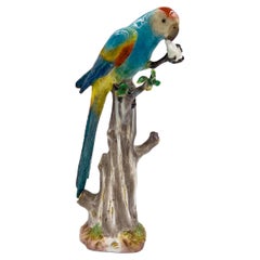 Antique 19th Century Meissen Animal Figurine of a Colourful Parrot Feasting on Tree