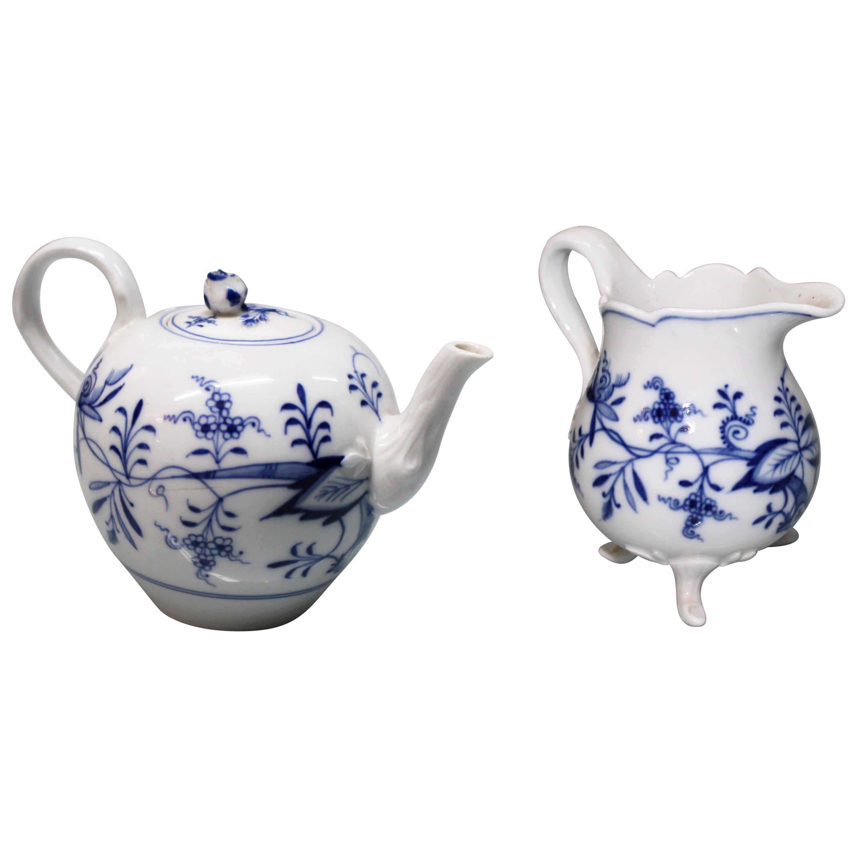 19th Century Meissen Blue and White Teapot and Cream Jug For Sale