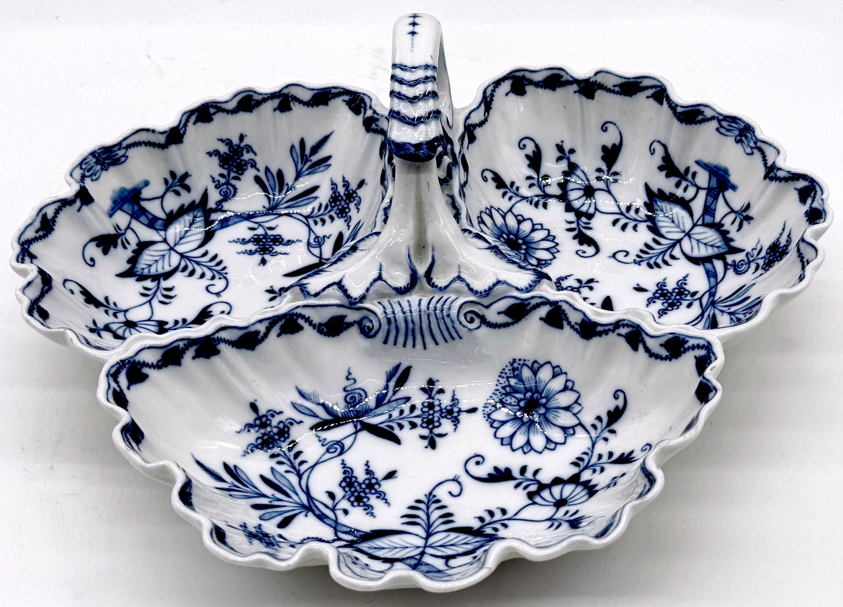19th Century Meissen Blue Onion, Handled Three-Section Shell Dish 
Germany, late 19th century

A large and magnificent 19th-century Meissen Blue Onion-handled three-section shell dish from Germany, late 19th century. This exceptional piece measures