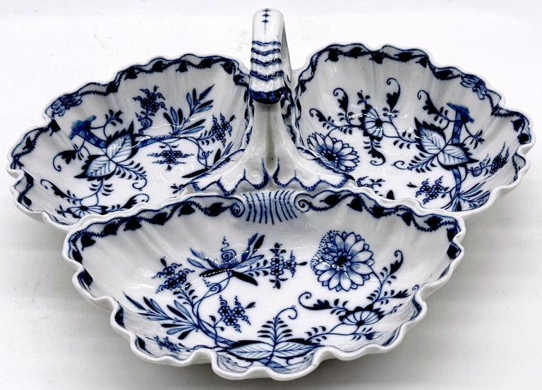 19th Century Meissen Blue Onion, Handled Three Section Shell Dish