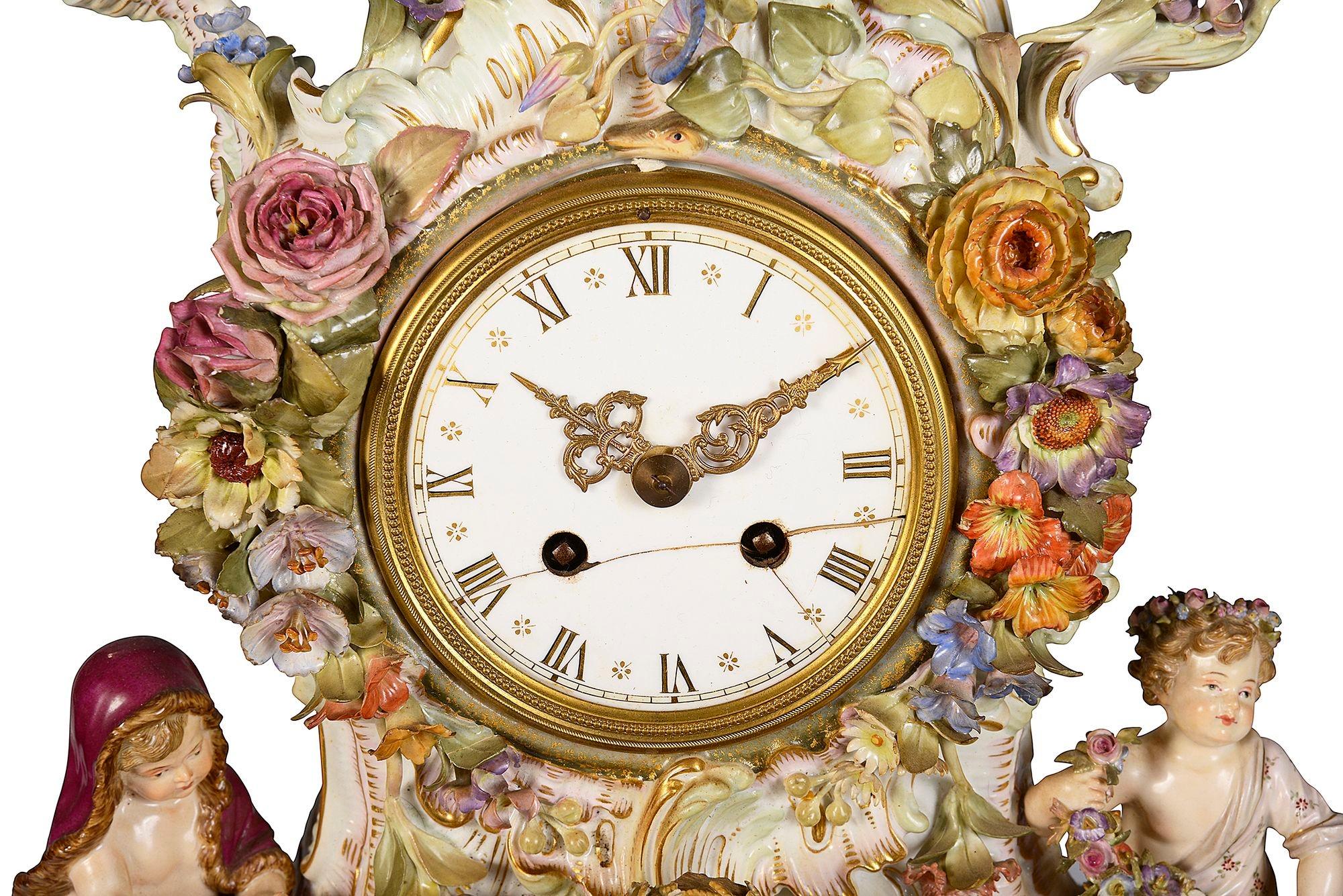 Hand-Painted 19th Century Meissen clock depicting the four seasons. For Sale