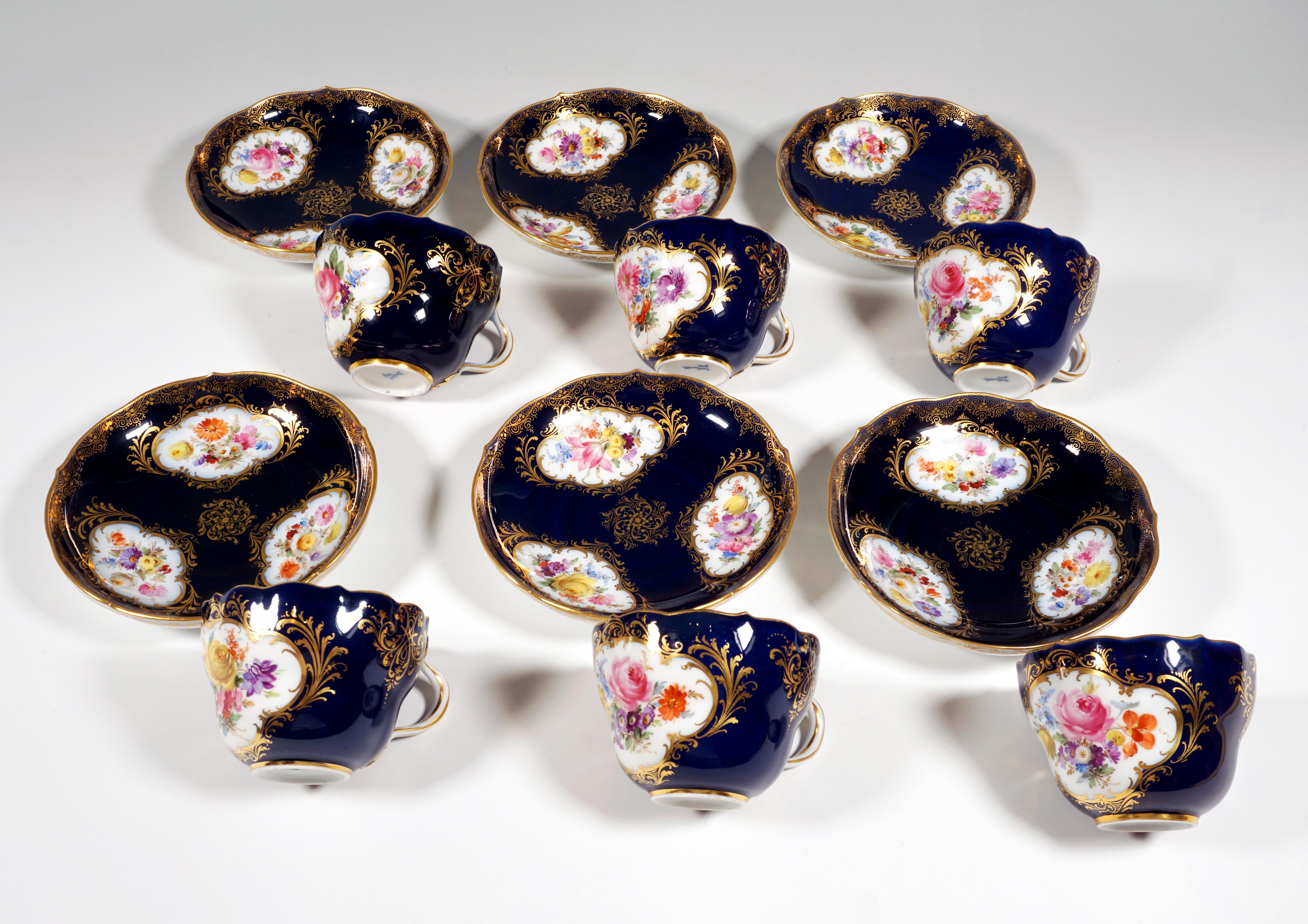 19th Century Meissen Coffee Set for 6 Persons, Cobalt, Bouquets and Gold Decor 2