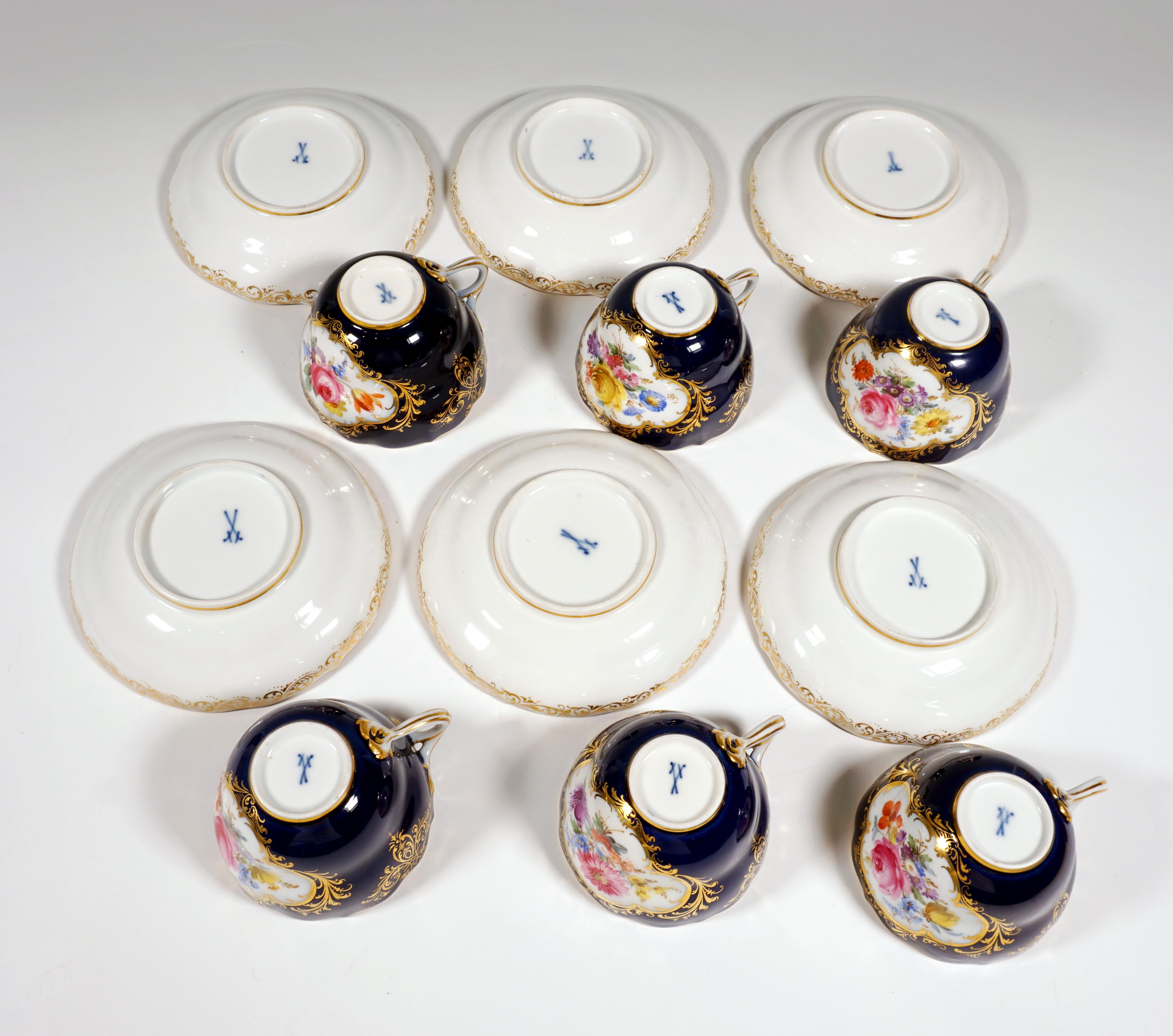 19th Century Meissen Coffee Set for 6 Persons, Cobalt, Bouquets and Gold Decor 6