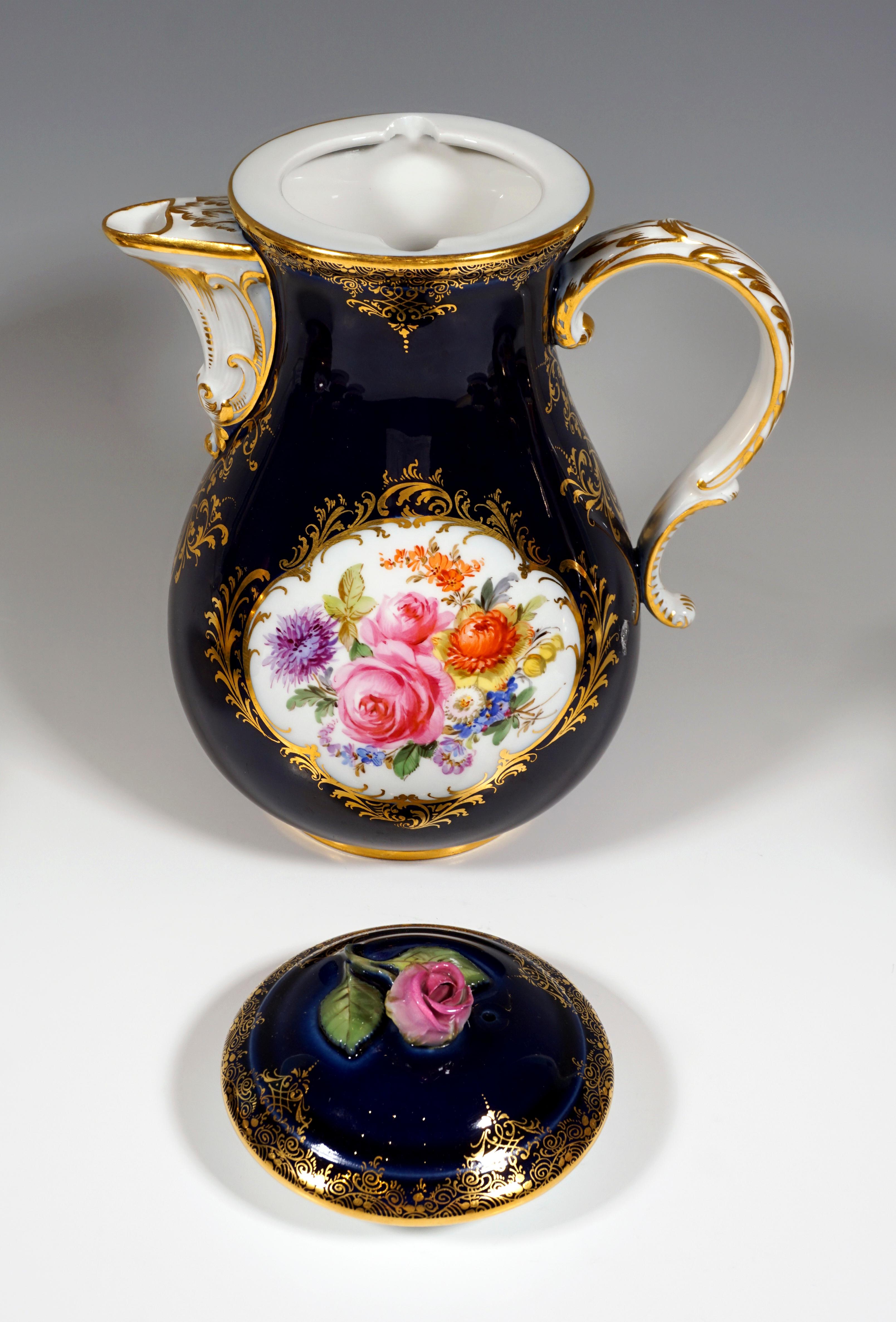 Baroque 19th Century Meissen Coffee Set for 6 Persons, Cobalt, Bouquets and Gold Decor