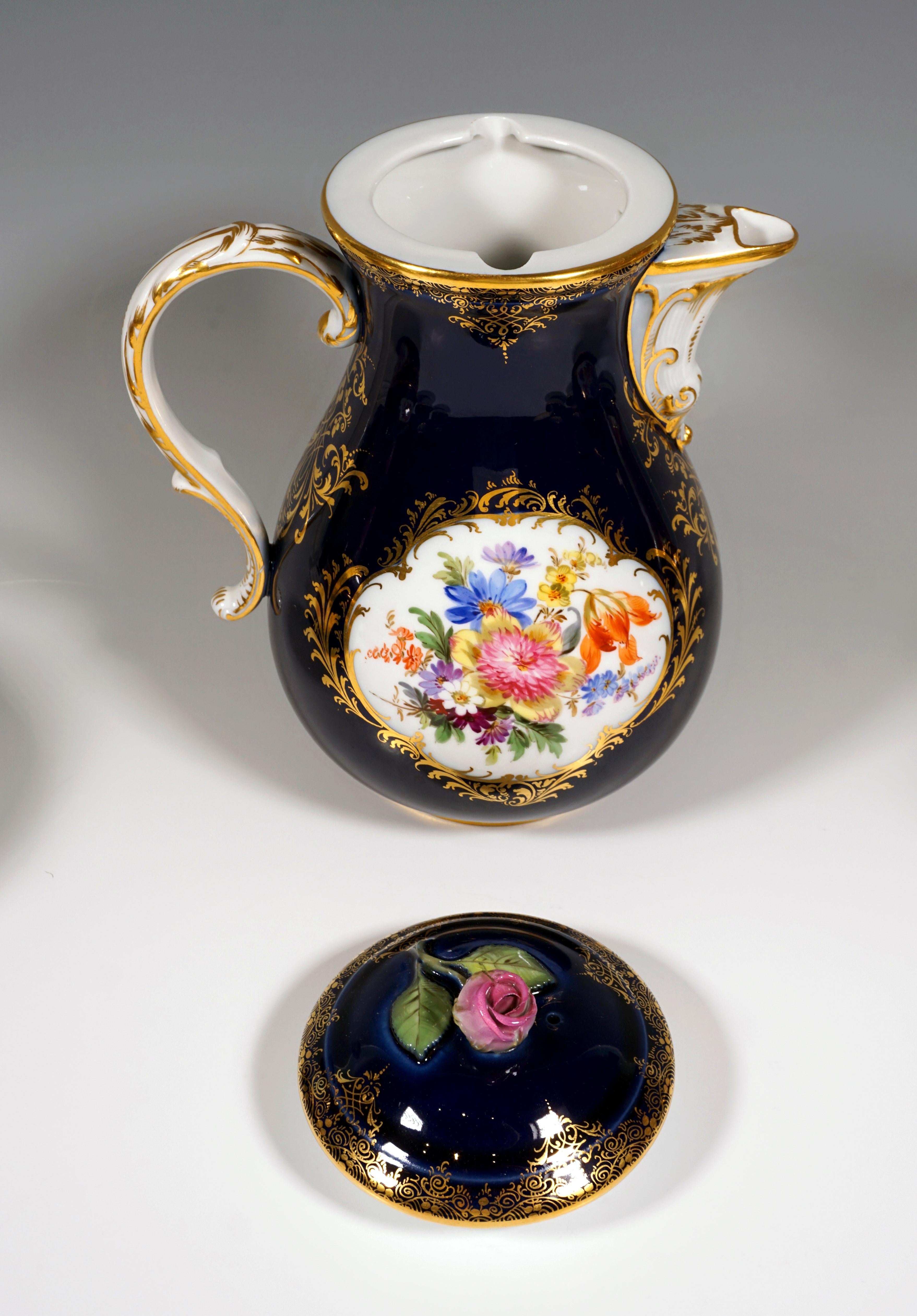 German 19th Century Meissen Coffee Set for 6 Persons, Cobalt, Bouquets and Gold Decor
