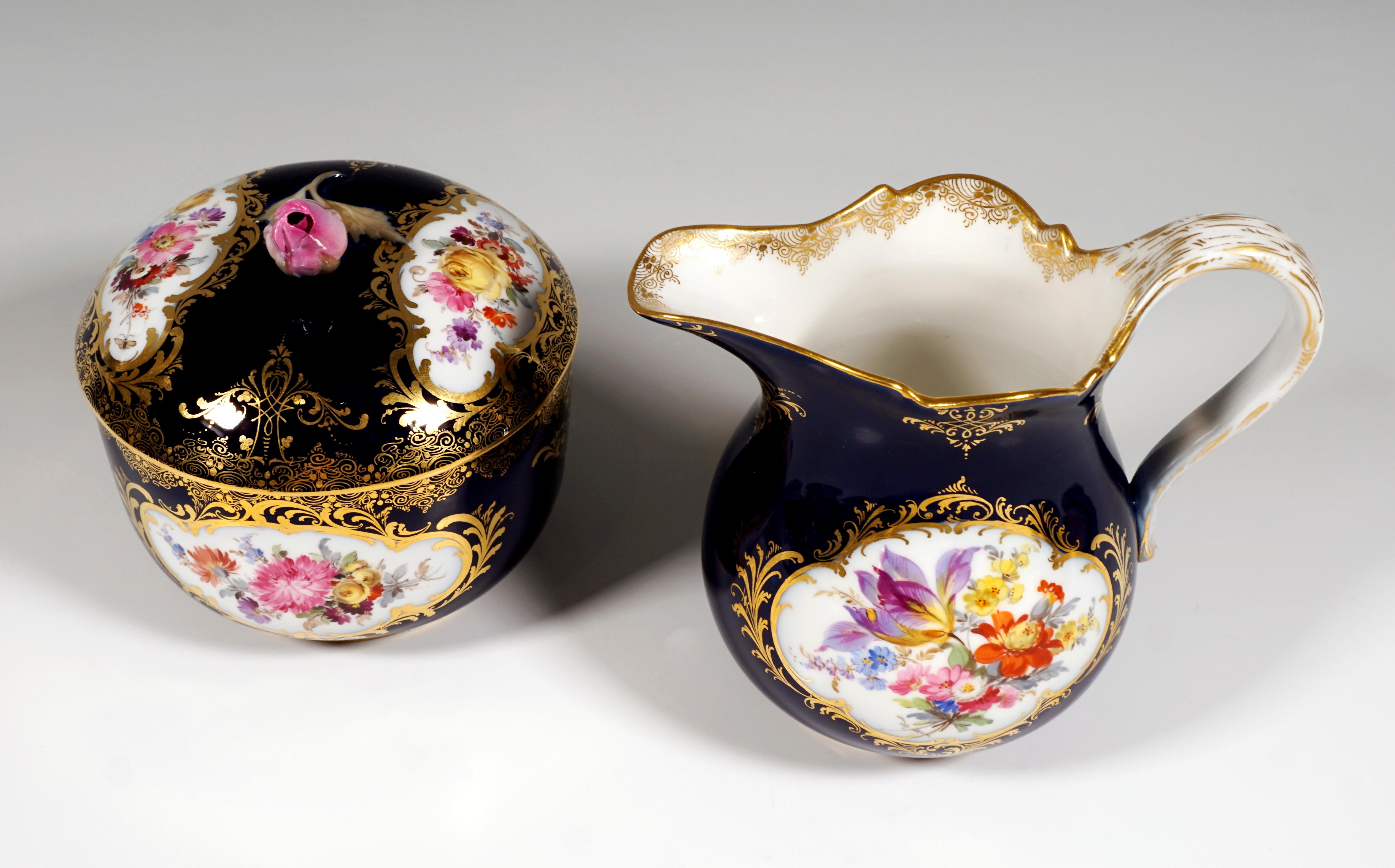 Hand-Painted 19th Century Meissen Coffee Set for 6 Persons, Cobalt, Bouquets and Gold Decor