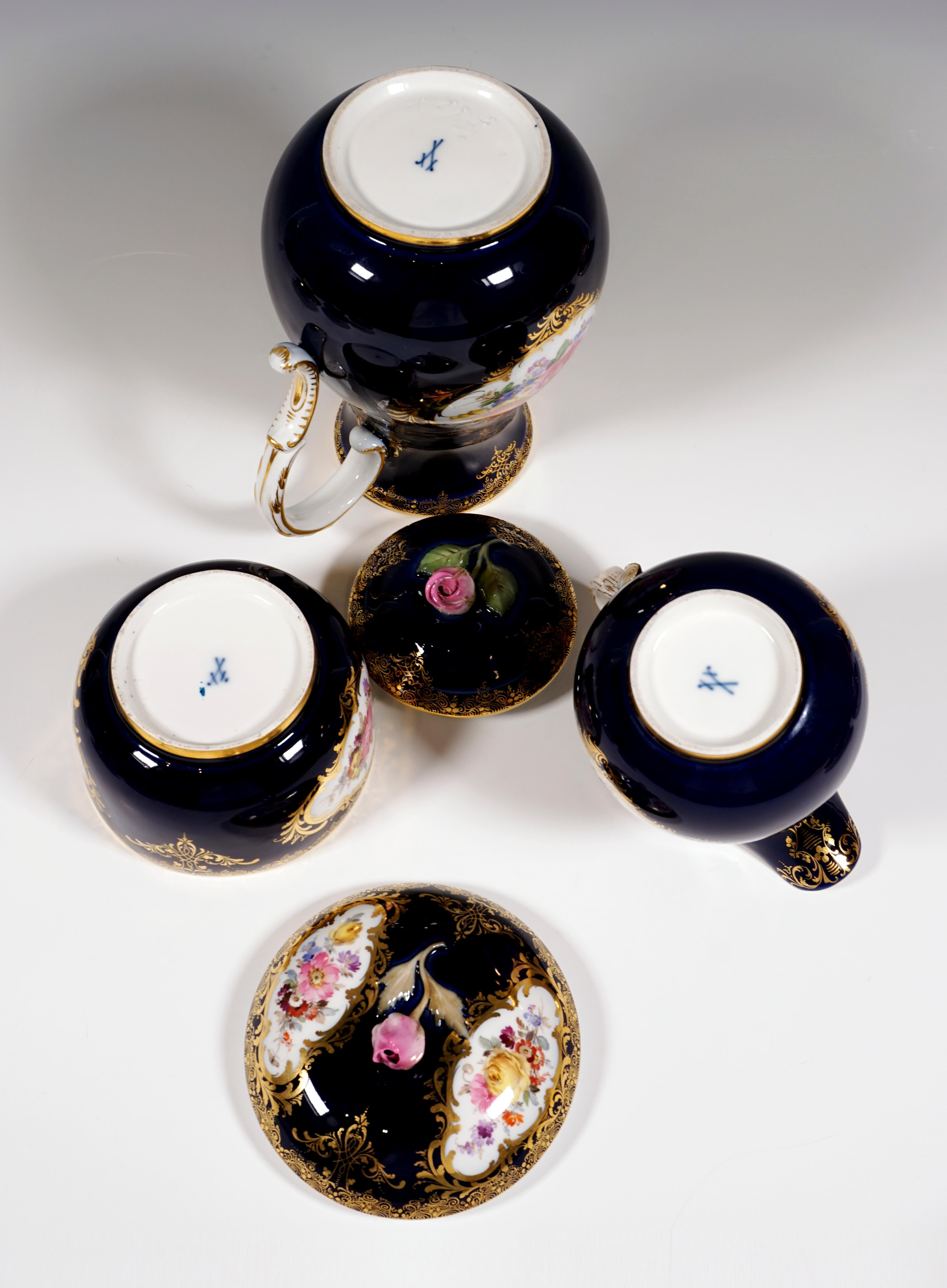 Porcelain 19th Century Meissen Coffee Set for 6 Persons, Cobalt, Bouquets and Gold Decor