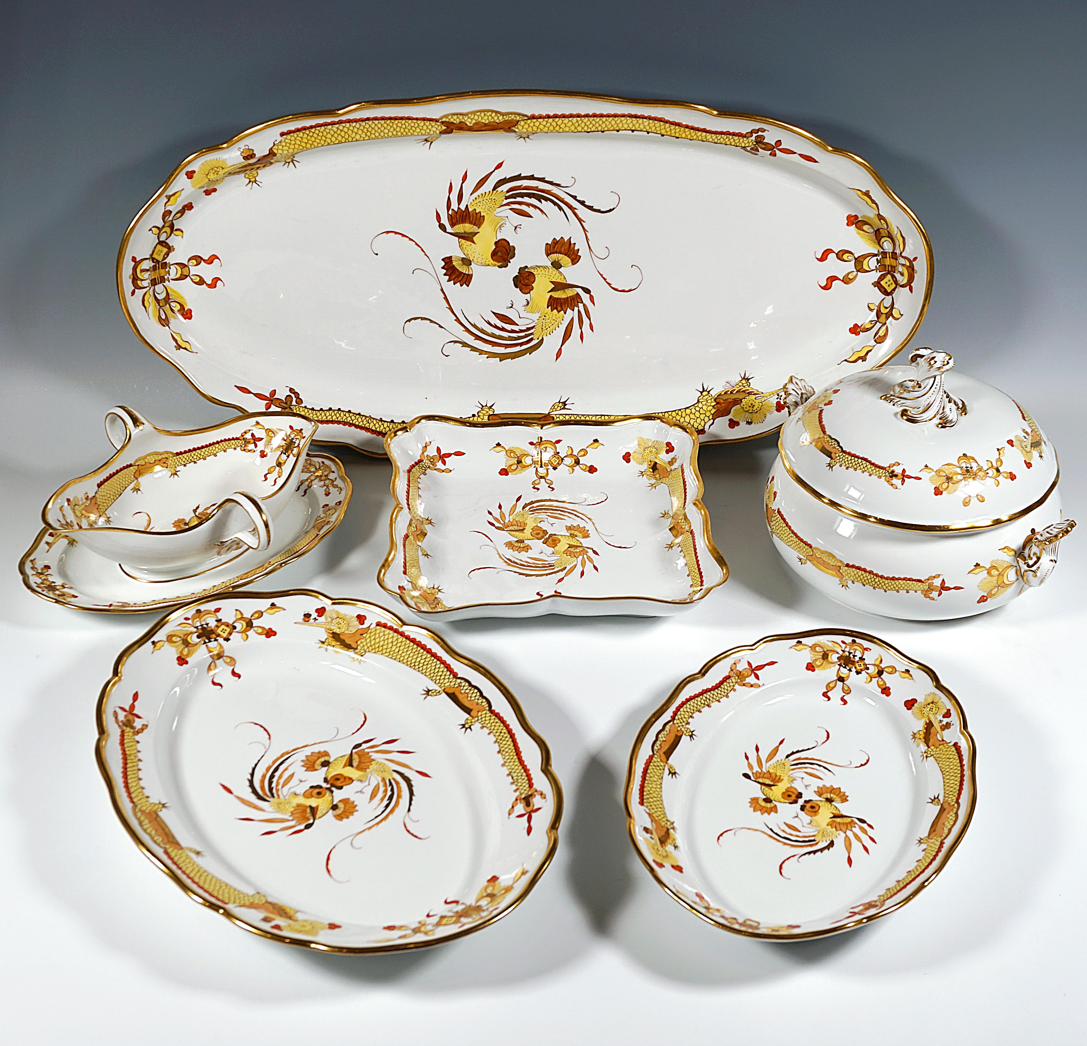 Baroque 19th Century Meissen Dinner Set For 8 Persons Rich Dragon Yellow With Red & Gold