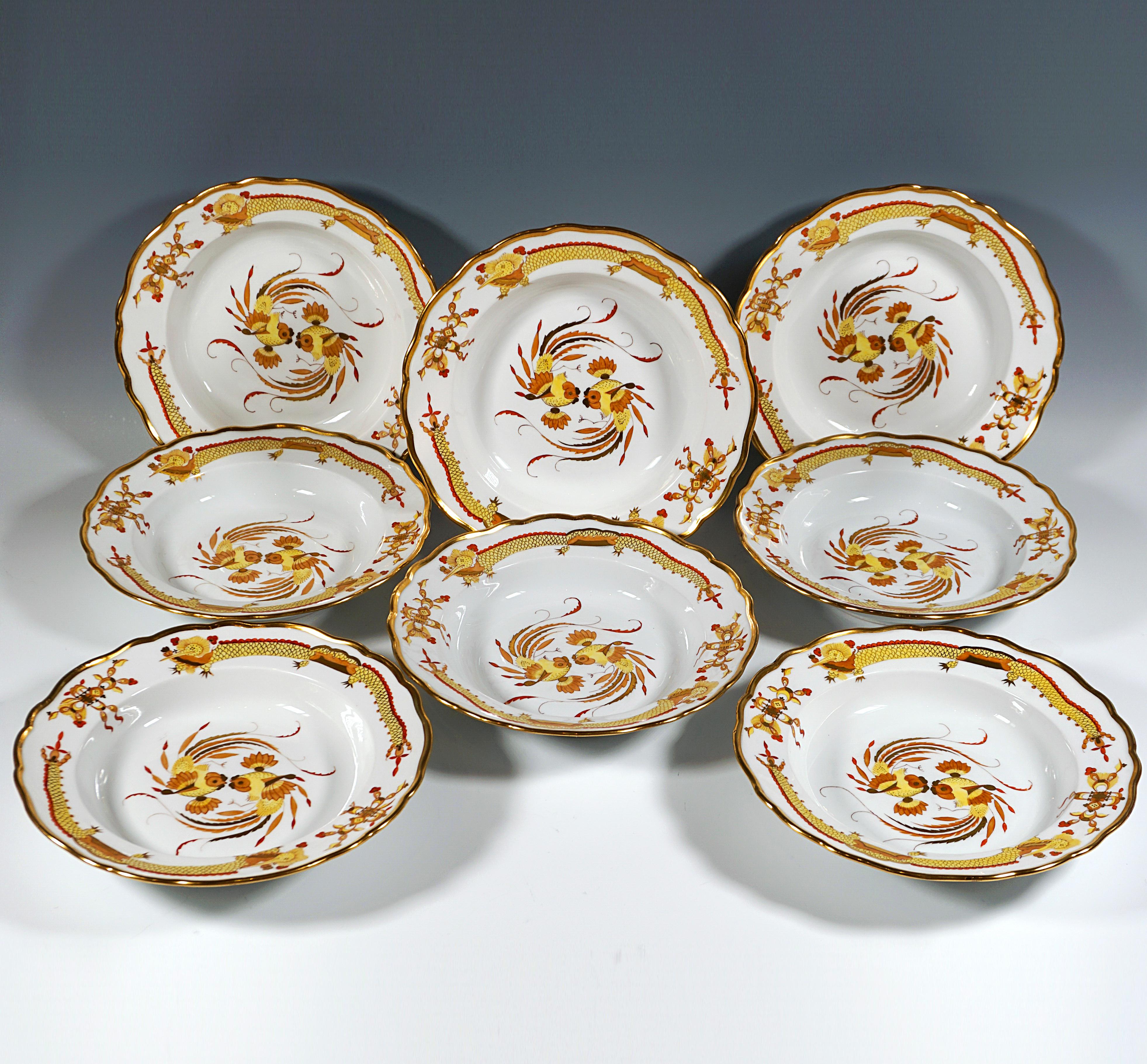 Hand-Crafted 19th Century Meissen Dinner Set For 8 Persons Rich Dragon Yellow With Red & Gold