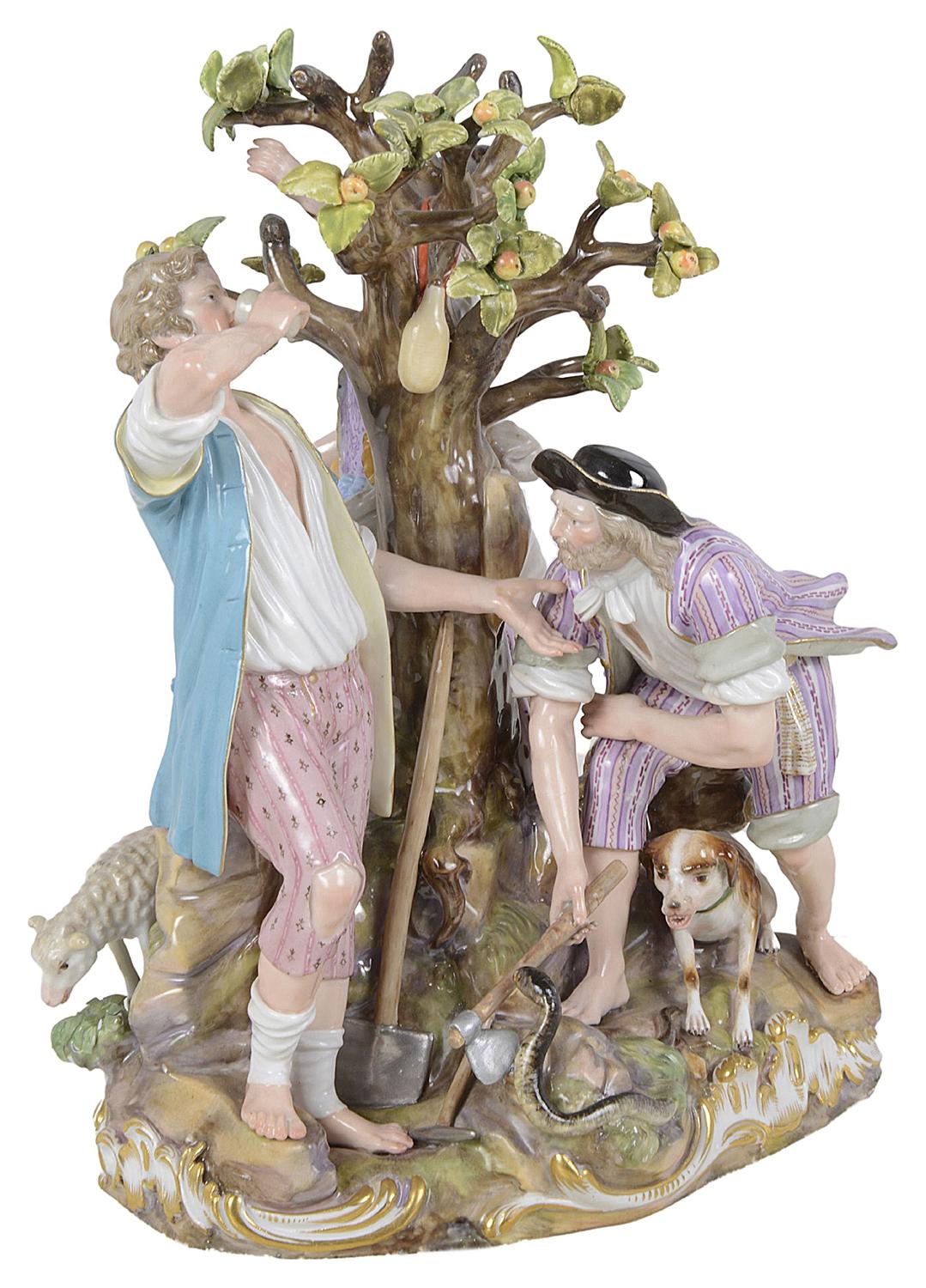 An impressive 19th century Meissen Porcelain figurine depicting a young girl picking apples, a shepherd with his sheep drinking wine and a woodsman crouching with his dog by his side.
Wonderful bold colours, blue under glazed cross swords to the