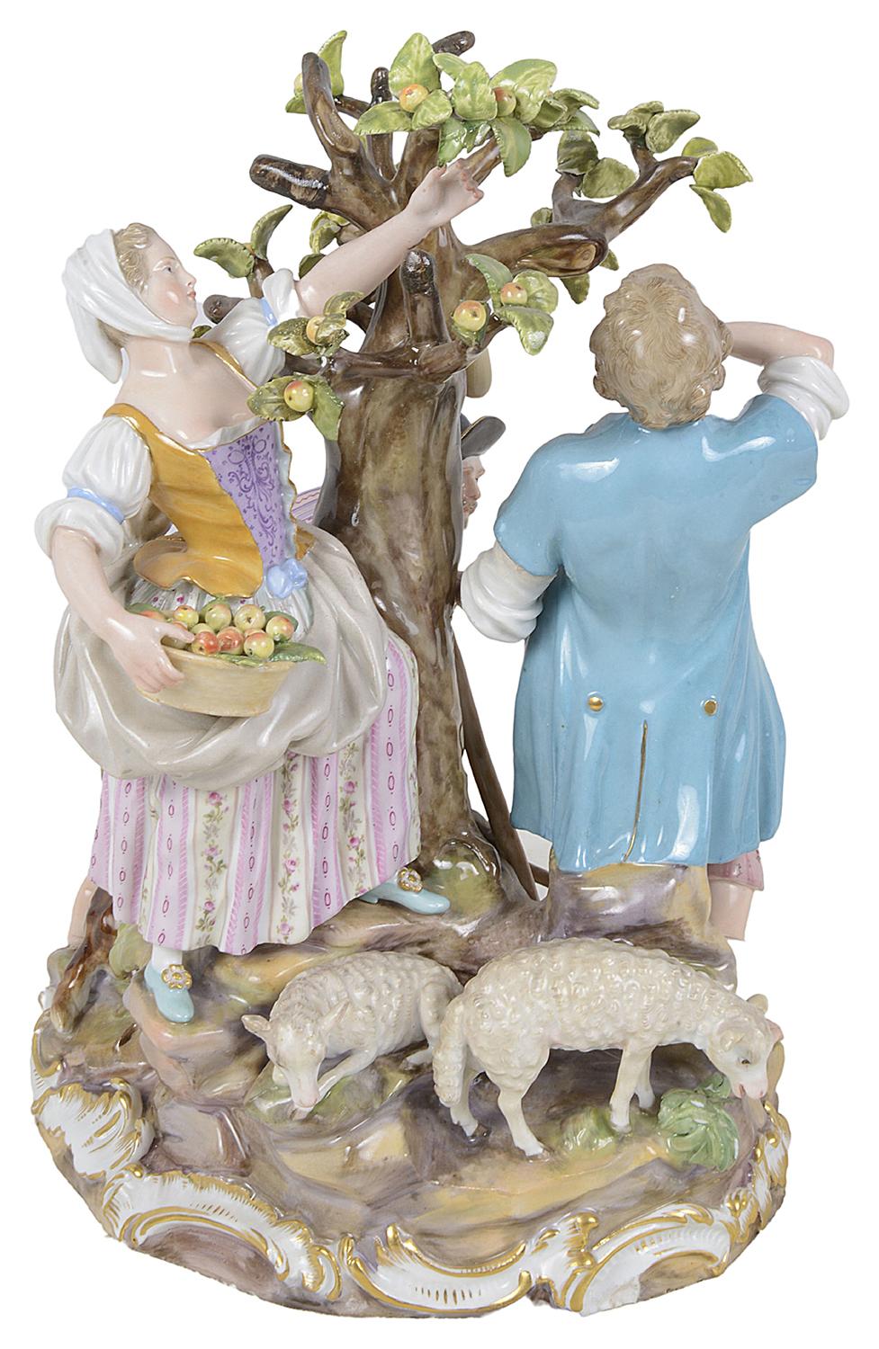 Hand-Painted 19th Century Meissen Figuren an Apple Picker, Shepherd and Woodman For Sale