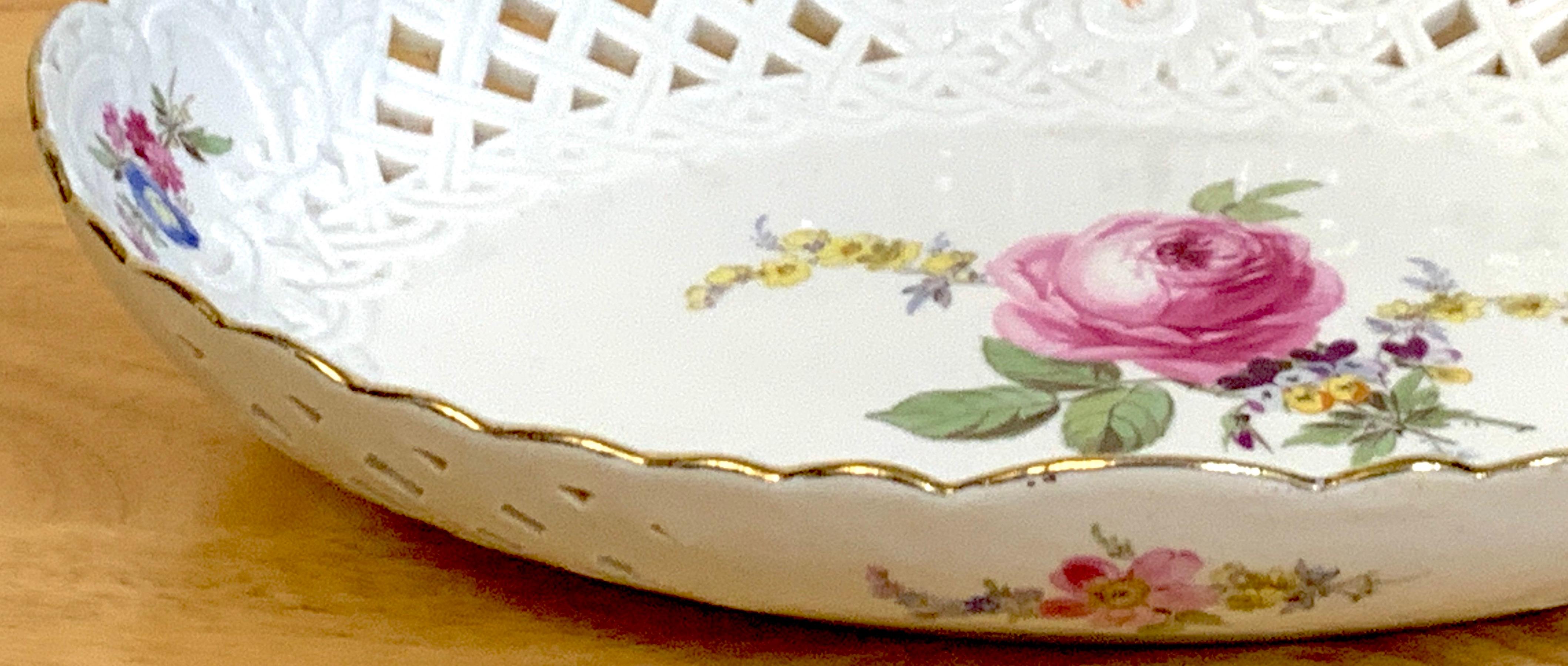 German 19th Century Meissen Floral Painted Reticulated Oval Basket For Sale