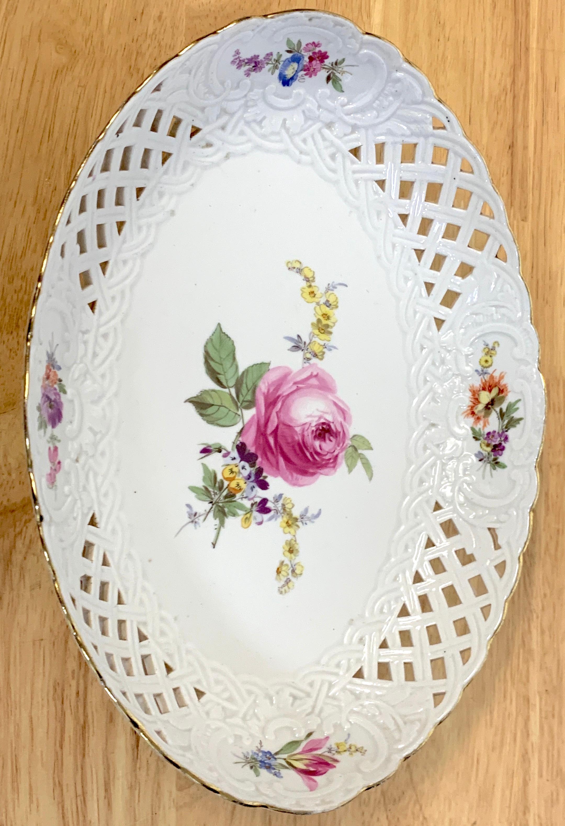 19th Century Meissen Floral Painted Reticulated Oval Basket For Sale 1