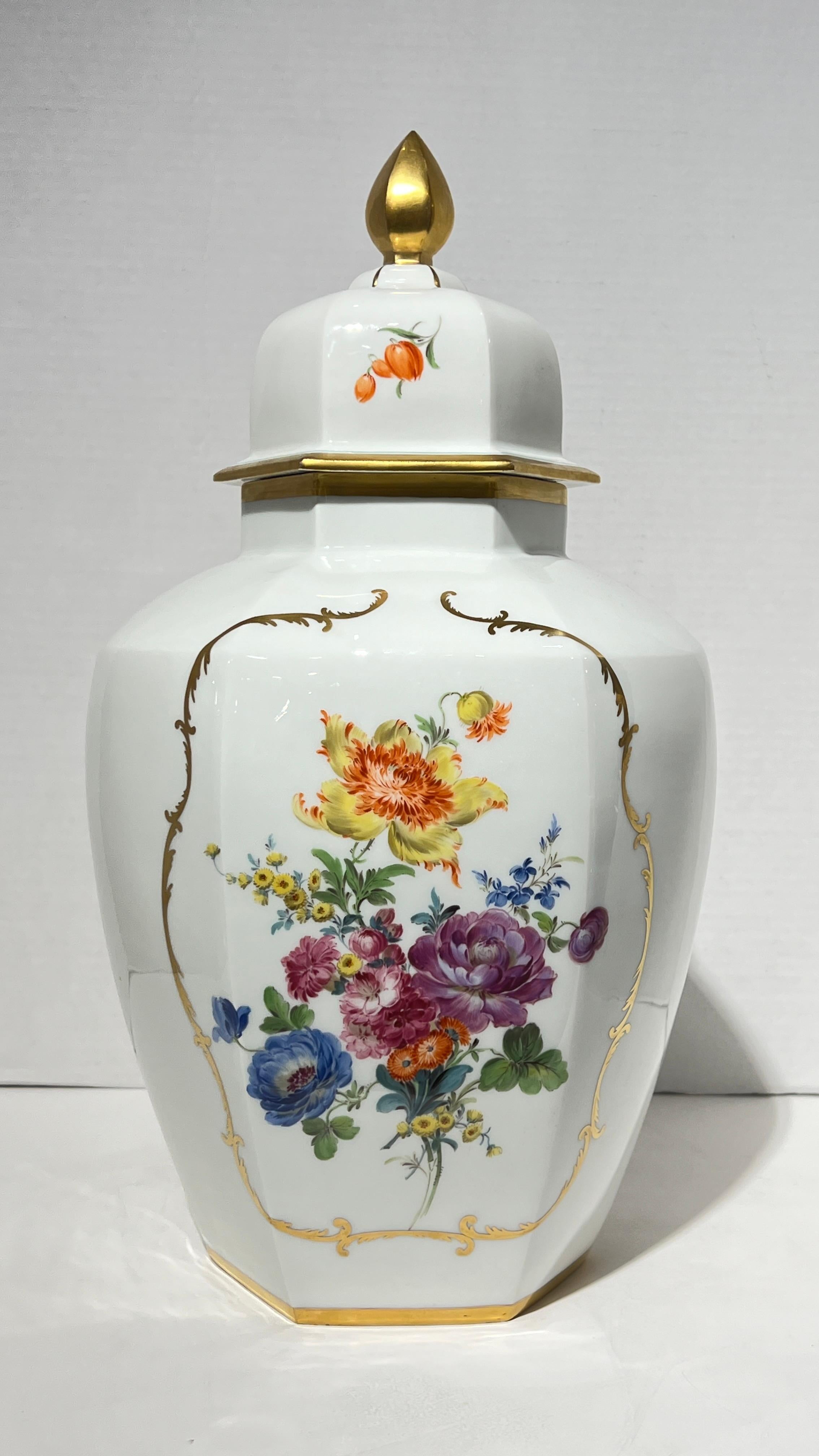 Porcelain 19th Century Meissen Floral Painted White Glazed Jar with Cover