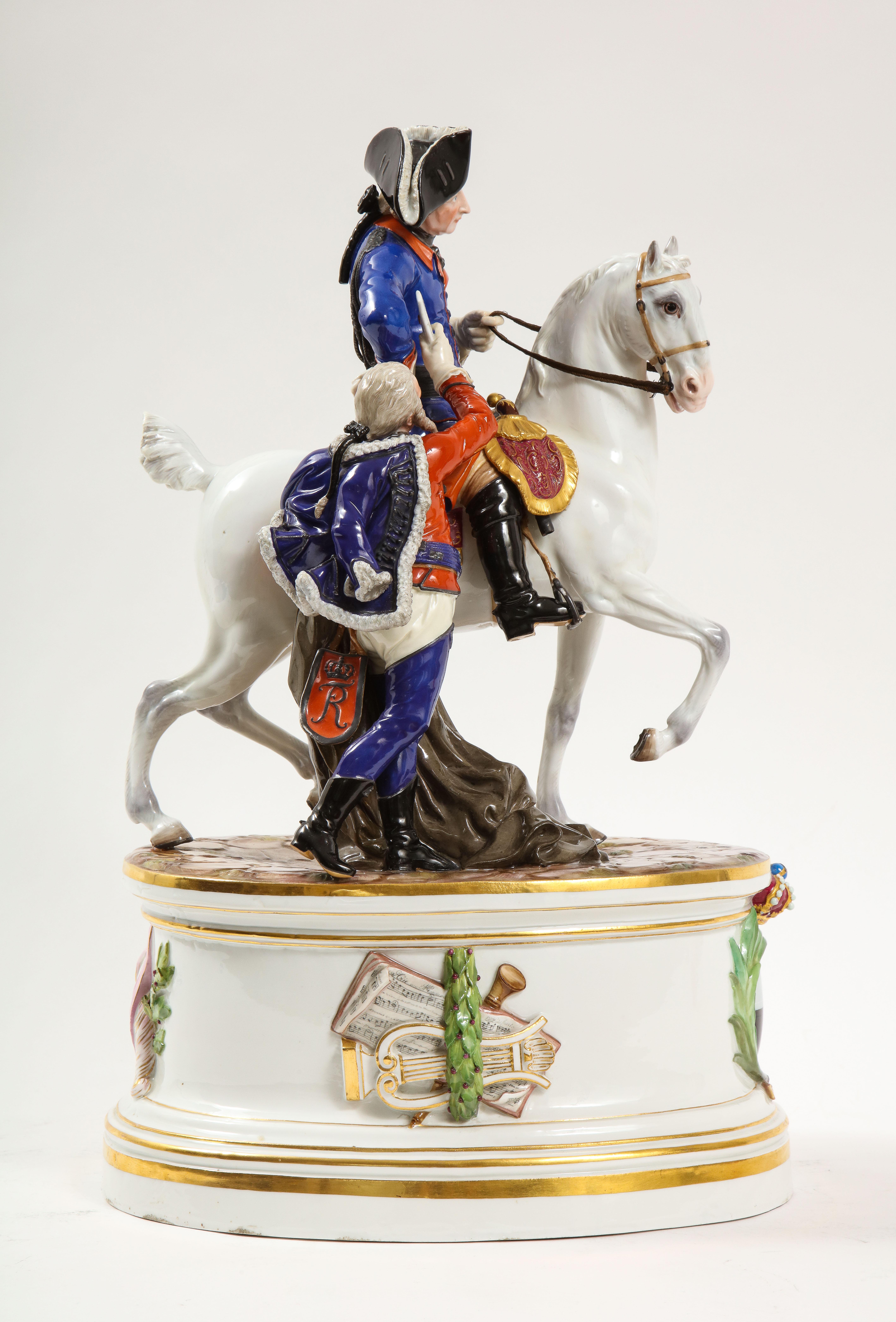 A Very Large 19th century Meissen porcelain Group of Russian Calvary General, believed to be Mikhail Kutuzov, the hero of Borodino, with aide de camp, marked with the Meissen underglaze blue crossed swords, and incised and impressed with numbers.
