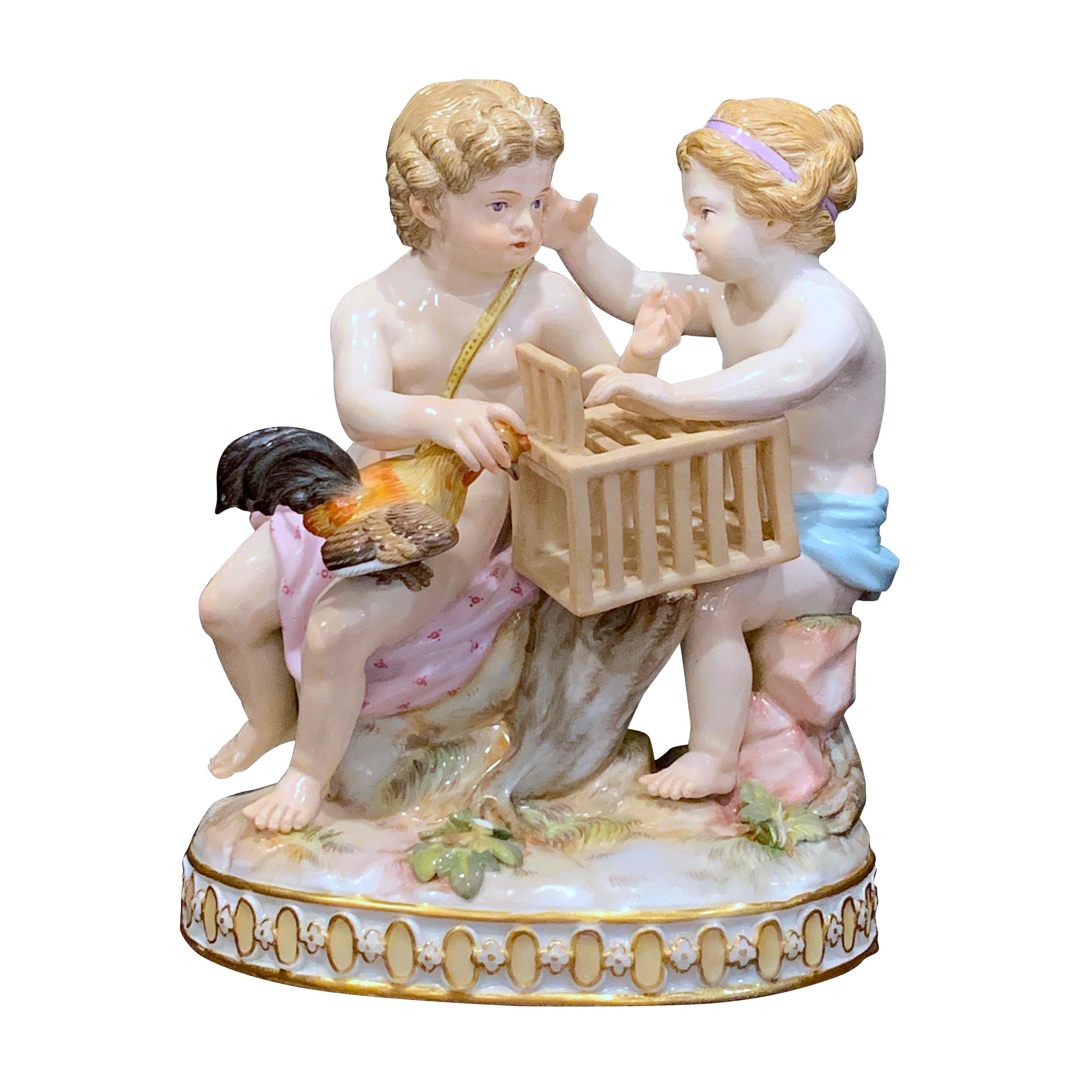 19th Century Meissen Grouping of Two Boys with Rooster and Cage For Sale