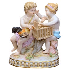 19th Century Meissen Grouping of Two Boys with Rooster and Cage