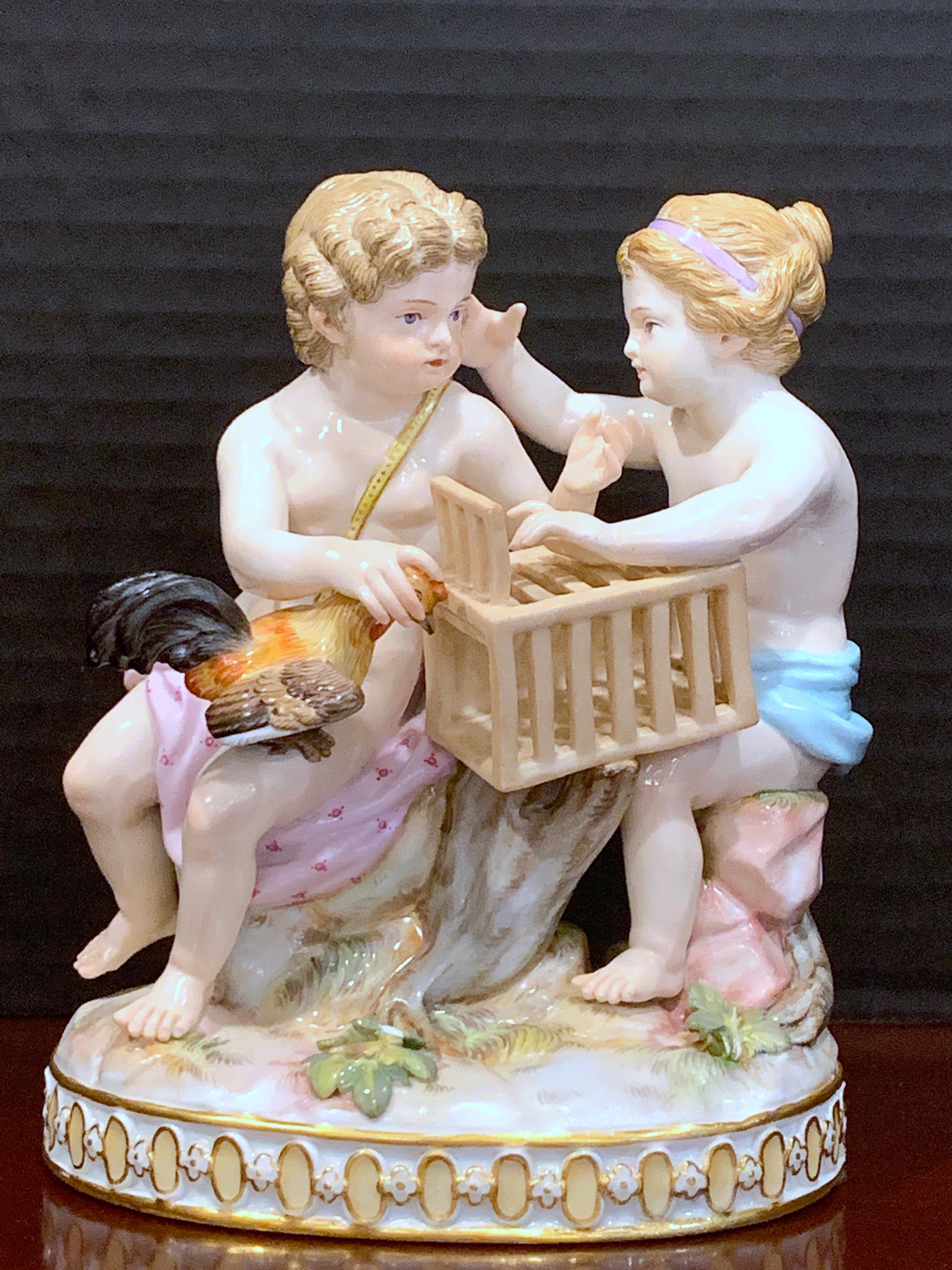 19th Century Meissen Grouping of Two Boys with Rooster and Cage For Sale 6